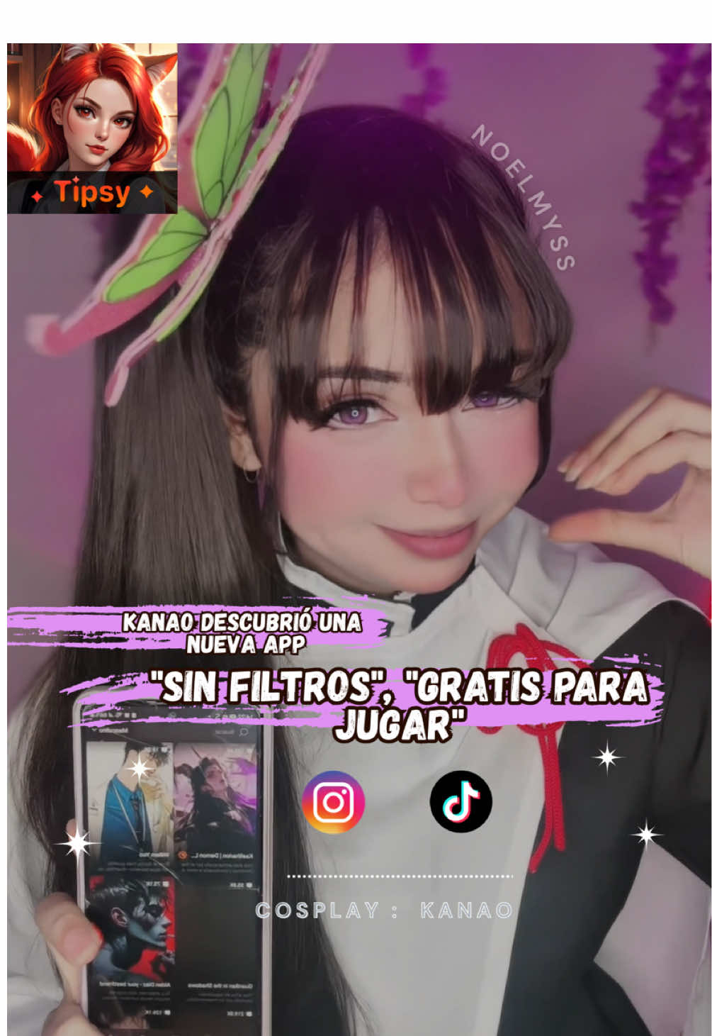 Hoy Kanao descubrió esta nueva app @TipsyChat 👀✨ ¡Y No, no estaba hablando con Muzan, ustedes no vieron nada! 🥴 Usen mis códigos de invitación: 3Jc6A5WQ y jfZ6VHEA para que puedan hablar con sus personajes favoritos sin ningún filtro. 💬🦋 #kanaocosplay #kanaotsuyuri #knycosplay #tipsychat #tipsychatai