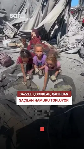 Gazzeli çocuklar, annelerinin ekmek yapmak için hazırladığı hamurun parçalarını topluyor; hamur, İsrail bombardımanı sonucu yıkılan konut binası yüzünden çadırlarına saçıldı. #gazze #filistin #sondakika #haber #safpost #filistinpost 