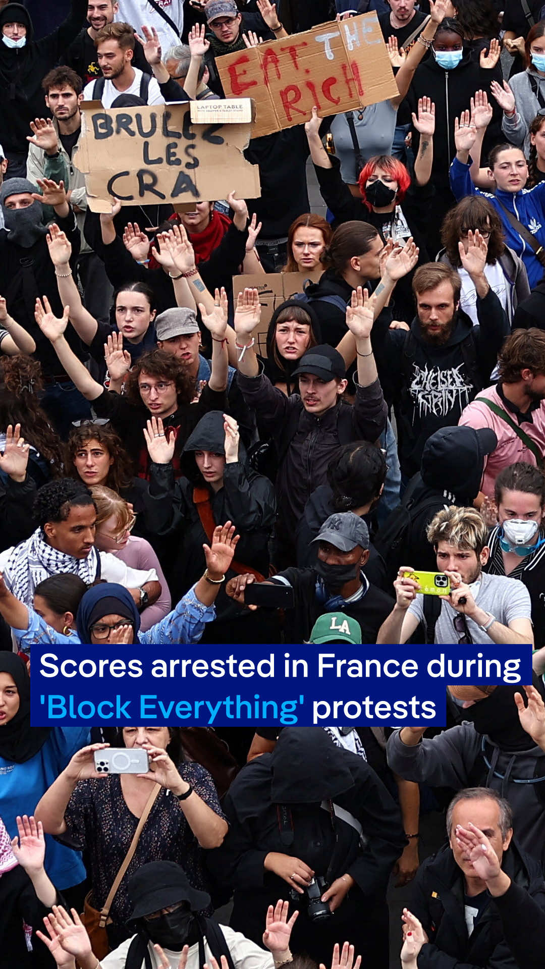 Protesters blocked roads, set fires and clashed with police during nation-wide “‘Block Everything’demonstations in France. Authorities deployed more than 80,000 security personnel across the country, with 200 protesters being detained in Paris alone.  #France #Paris #Marseilles #Bloquonstout