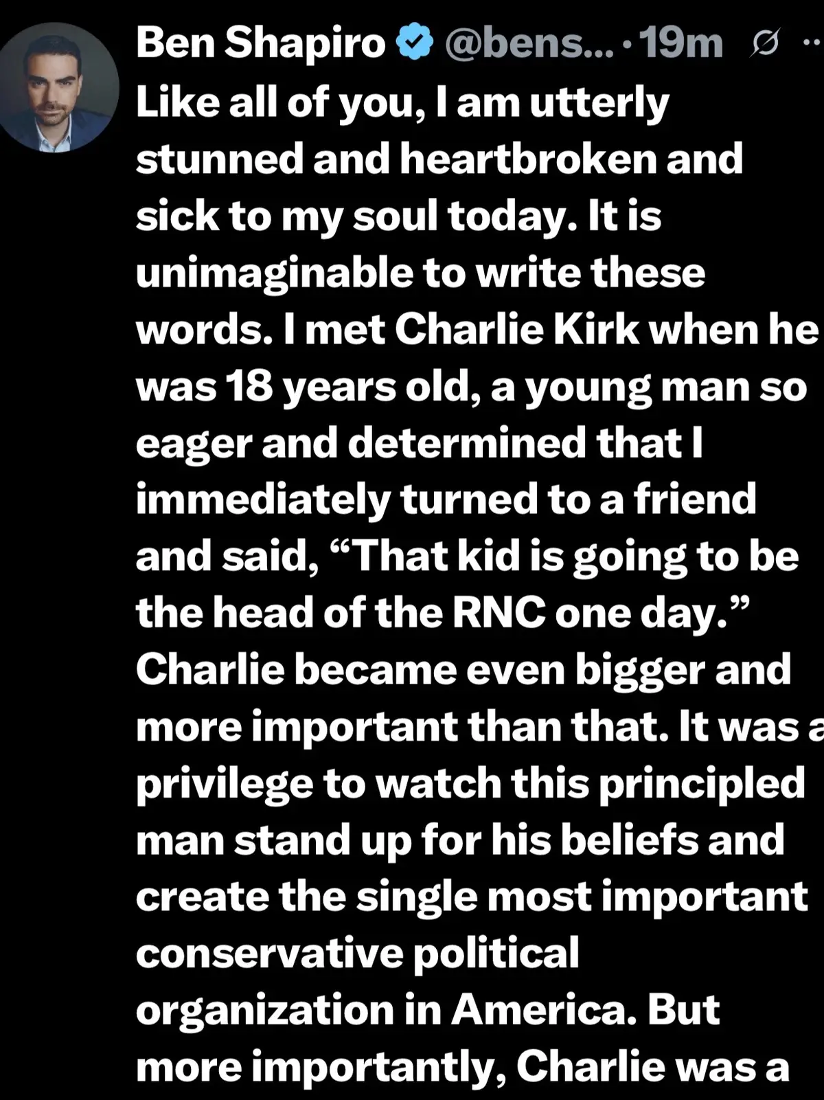 Utterly heartbroken at the loss of Charlie Kirk. Pray for his wife and kids. 💔