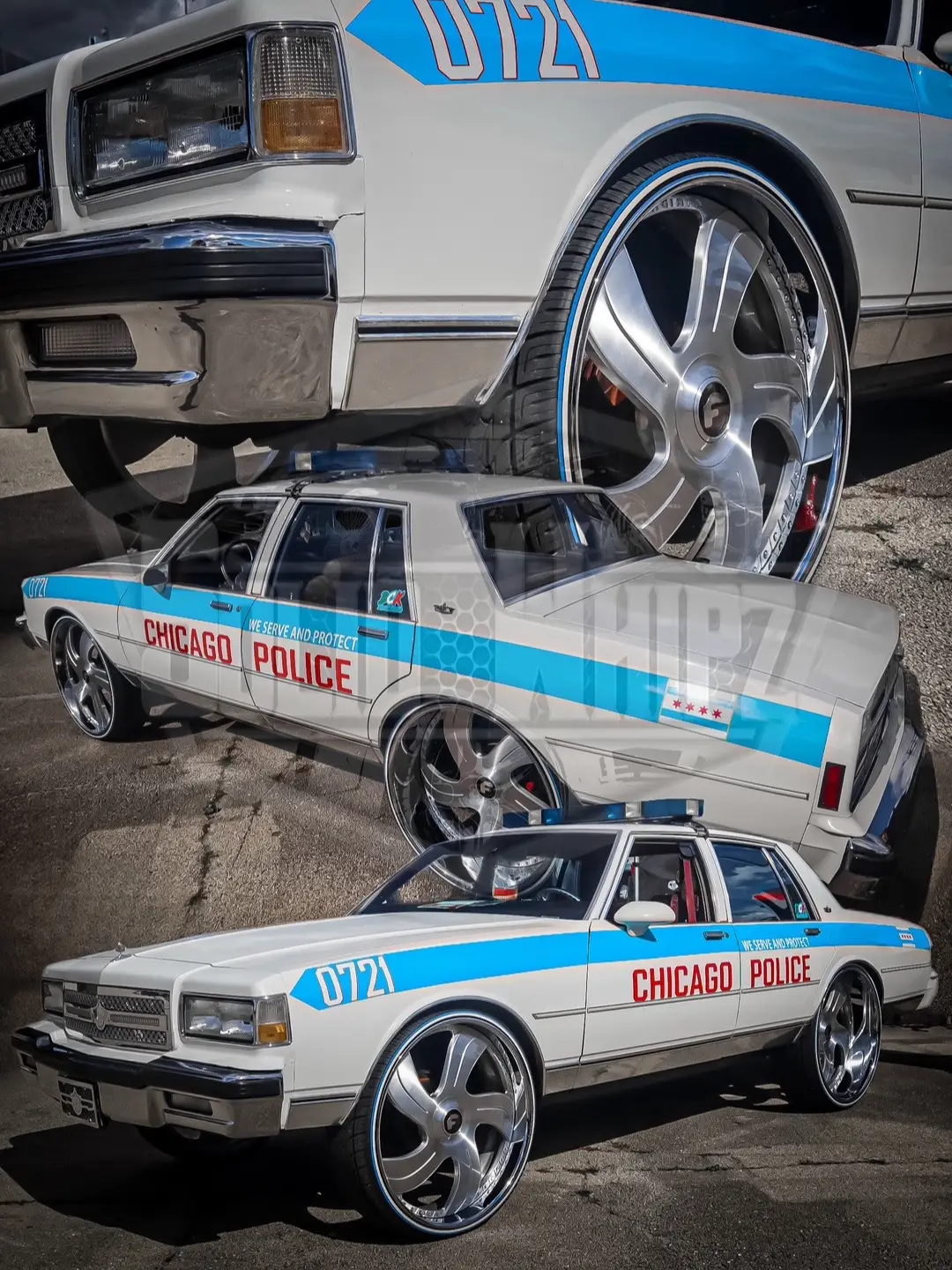 @boxchevyking_ Chicago Police themed Box Chevy on a set of staggered 28-inch @forgiato @wheels with the matching steering wheel  ——— #SolidWhipz #RollingIntoTheSpeedwayCarshow #Forgiato #BoxChevy #Chevrolet @FORGIATO 