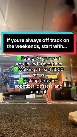 Weekends don’t have to mean ‘off track’! 💪 Start small, stay consistent: ✅ 20g protein + 10g fiber ✅ 5,000+ steps 🚶‍♀️ ✅ Choose ONE: appetizer, dessert, or drink 🍹🍰 Small tweaks > giant restrictions. Your future self will thank you! ✨ #WeekendWins #FitnessMadeSimple #HealthyBalance