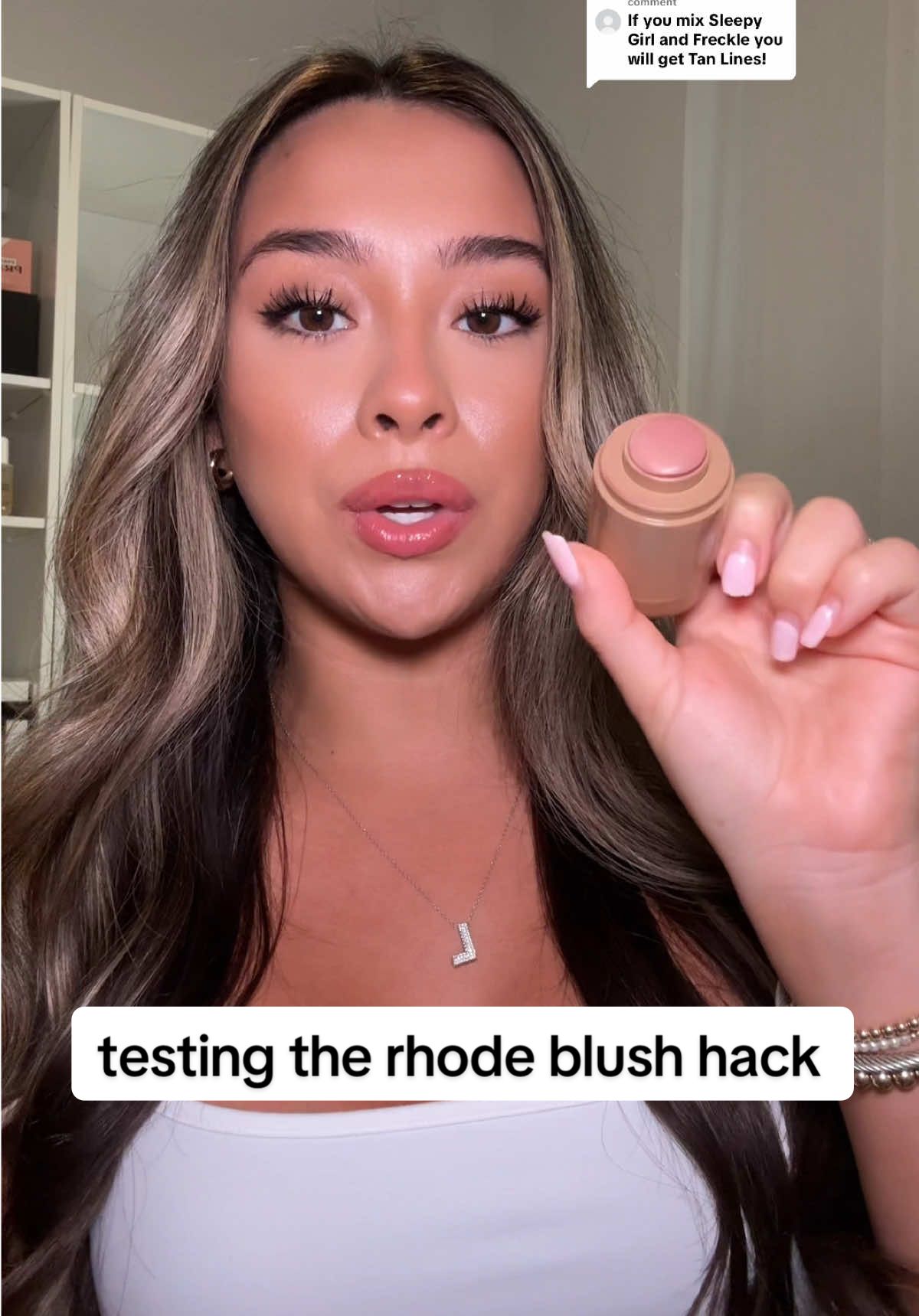 Replying to @ribbojfimys does mixing the @rhode skin sleepy girl & freckle blush make the new shade ‘tan lines’?! 🤭 #makeup #rhode #makeuphack 