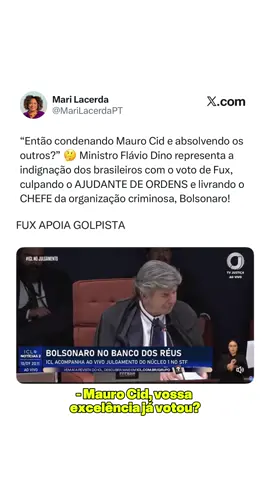 FUX APOIA GOLPISTA Ministro Flávio Dino representa a indignação dos brasileiros com o voto de Fux, culpando o AJUDANTE DE ORDENS e livrando o CHEFE da organização criminosa, Jair Bolsonaro. #SemAnistia #BolsonaroNaCadeia #BrasilSoberano 