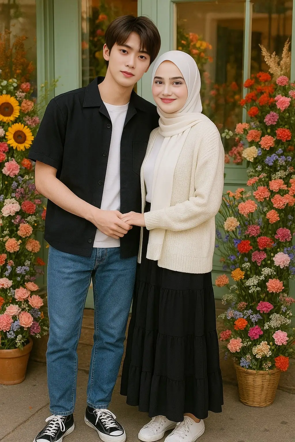 Cara Membuat : 1. Buka aplikasi chatGPT 2. Unggah 2 foto 3. Masukan prompt👇🏻 ke 1 : Foto ini menampilkan sepasang kekasih yang berpose di depan toko bunga. Pria di sebelah kiri mengenakan jaket lengan pendek hitam di atas kaus putih, celana jins biru, dan sepatu kets hitam-putih. Ia merangkul pinggang wanita itu. Wanita di sebelah kanan mengenakan jilbab putih, kardigan putih, rok panjang berjenjang hitam, dan sepatu kets putih. Ia tersenyum manis ke arah kamera sambil memegang tangan pria itu. Latar belakangnya adalah toko bunga dengan berbagai karangan bunga berwarna-warni yang menciptakan suasana cerah dan romantis. Ke 2 : Foto ini menampilkan sepasang kekasih yang sedang berpelukan di bawah guyuran hujan lebat pada malam hari. Wanita itu mengenakan jilbab berwarna ungu-abu-abu, blus putih, dan rok lipit putih, sementara pria itu memakai kemeja hitam yang basah. Mereka berdua terlihat sangat bahagia dan tertawa. Pria itu memeluk wanita itu dari belakang, dan mereka berpose di atas rumput di dekat pot bunga yang berisi bunga merah. Lampu-lampu di latar belakang terlihat buram, menambah suasana romantis. Ke 3 : Foto ini adalah swafoto romantis sepasang kekasih di pantai saat matahari terbenam. Pria itu mengenakan kemeja berwarna merah muda, sementara wanita itu mengenakan pakaian serba putih dengan jilbab putih. Keduanya tersenyum lebar ke arah kamera. Latar belakangnya adalah pemandangan laut yang tenang dengan air berwarna biru kehijauan, pantai berpasir putih, dan beberapa pondok di atas air. Langit senja terlihat dengan warna oranye dan merah muda. Ke 4 : Foto ini menampilkan sepasang kekasih yang berpose di sebuah restoran mewah pada malam hari. Wanita itu mengenakan gaun berwarna lilac dengan detail renda dan kalung mutiara. Ia memakai jilbab berwarna krem. Pria di sebelahnya mengenakan jas hitam dan dasi hitam. Latar belakangnya adalah pemandangan kota Kuala Lumpur di malam hari, dengan Menara Kembar Petronas yang terlihat jelas di kejauhan. 4. Opsional: Jika wajah tidak mirip, simpan terlebih dahulu hasil foto dari ChatGPT, kemudian buka aplikasi face swap ai pilih opsi MULTIPLE FACE SWAP Upload foto hasil yang telah didownload, pilih wajah masing-masing yang akan disesuaikan dan download hasilnya. #chatgpt #ai #trend #couple #hijab 