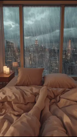 ✨🕯️ Escape into 8 hours of luxury rain + thunder ambiance from this cozy high-rise bedroom. Perfect for sleep, study, or slow nights in. Full video now live on YouTube. 💤🖤 → Search: Resting Muse on YouTube or click the link in bio to listen tonight. 🎧☁️  #fall #rain #asmr #relax #cozy 