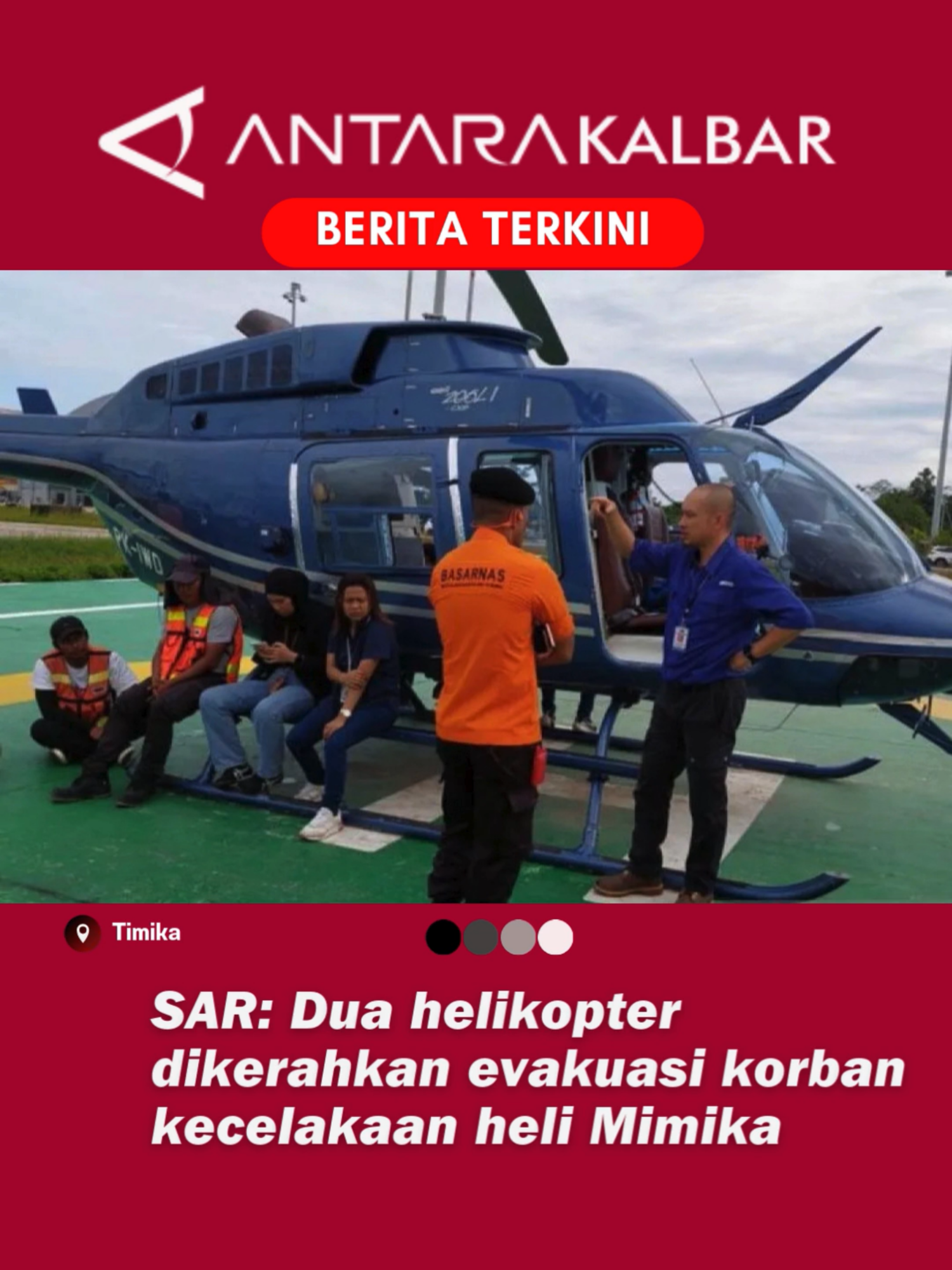 SAR: Dua helikopter dikerahkan evakuasi korban kecelakaan heli Mimika Kantor Pencarian dan Pertolongan (SAR) Timika mengerahkan dua  helikopter untuk membantu mengevakuasi penumpang Helikopter PK-IWS milik  PT Intan Angkasa yang mengalami kecelakaan di wilayah Distrik Jila,  Kabupaten Mimika, Papua Tengah pada Rabu (10/9). Kepala Kantor  SAR Timika I Wayan Suyatna di Timika, Kamis, mengatakan satu helikopter  milik PT Intan Angkasa sudah diterbangkan ke lokasi dari Bandara Mozes  Kilangin Timika sekitar pukul 06.10 WIT pagi tadi. 