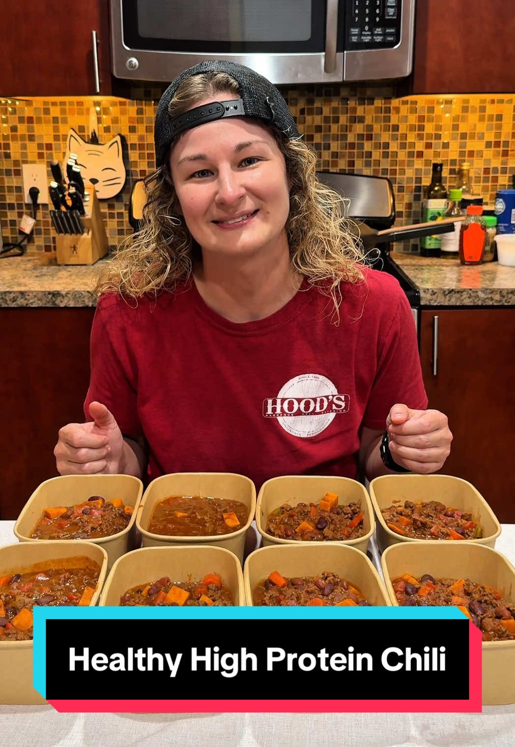 Healthy High Protein Chili Recipe makes 8 servings 1 serving: 445 calories 45g protein  43g carbs 8g fat Ingredients: 1 white onion, diced 1 red bell pepper, diced 3 carrots, peeled and diced 3 stalks celery, diced 1 tsp salt 1 tsp pepper 3 lbs lean ground beef (96/4) 4 tbsp chili seasoning  1 (6 oz) can tomato paste 1 (14.5 oz) can diced tomatoes  2 (4 oz) cans diced green chilis  2 (16 oz) cans chili beans ( I used 1 red chili bean and 1 kidney chili beans) 1 (14.5 oz) can tomato sauce 2 cups beef broth  400g ( 1 large) sweet potato, peeled and diced Directions: 1.	Add diced onion, bell pepper, carrots, and celery to a large pot or pan •	Season with salt and pepper •	Sauté for 3–5 minutes 2.	Add 3 lbs of ground beef •	Break up the beef into small pieces •	Add 2 tbsp chili seasoning 3.	Once the beef is browned, add the following •	1 can tomato paste •	1 can diced tomatoes •	2 cans diced chilis •	2 cans chili beans •	1 can tomato sauce •	1 diced sweet potato •	2 cups beef broth •	2 more tbsp chili seasoning 4.	Reduce heat to low •	Cover and let simmer for 45 minutes or until the sweet potatoes are fork tender 5.	Remove from heat •	Divide into 8 food storage containers •	Serve immediately or store in the fridge/freezer #highprotein #chili #fallrecipes #mealprep #EasyRecipes 