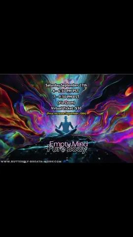 It’s the middle of the second week of September and there’s still plenty of days ahead for happenings to happen.  Consciously or unconsciously going through the happenings of each month without a moment to recenter, our emotional body gathers tension and our clarity begins to diminish. From the comfort and convenience of your own home I welcome you to a virtual 3rd Space (via Zoom) to practice much needed emotional (Energy) hygiene with the breath.  Come breath, relax, release, and relieve yourself from all the stress of all the happenings of your month. The breath will relax, release and relieve you of what needs and is ready to be cleared out of the mind and body.  🗓️ Saturday, Sept 27th ⏰ 4–6:30 PM PST | 7–9:30 PM EST 💻 Via Zoom Meetings  🎟️ $30 ticket (price increases Sept 20) https://butterfly-breath-work.com/ Link can be found in my profile bio as well. #LanguageLearning #breathwork #MentalHealth #zoommeeting #nervoussystemhealing 