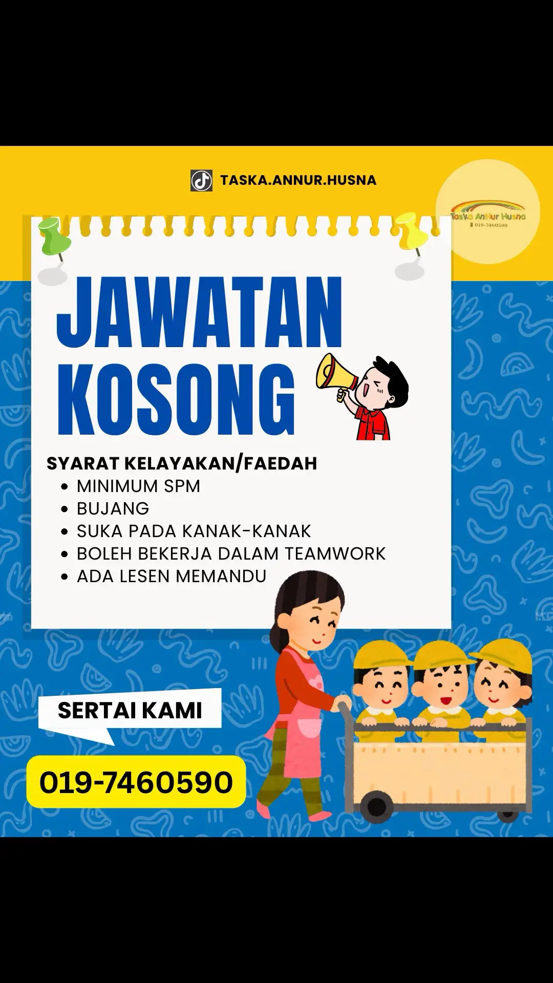 Taska Annur husna  Ada JAWATAN KOSONG  Sebagai Guru Taska Syarat kelayakan boleh lihat di atas⬆️ Yang berminat untuk join bersama Taska Annur husna boleh pm/comment  Sesi interview akan diberitahu jika berminat. Kekosongan guru taska di TASKA ANNUR HUSNA (cawangan indera sempurna) Jom sertai kami #taskaannurhusnainderasempurna 