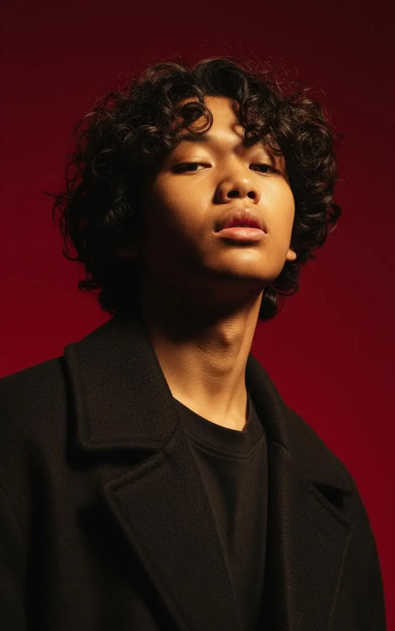 A hyperrealistic vertical portrait shot in 1080x1920 format, characterized by stark cinematic lighting and intense contrast. Captured with a slightly low, upward-facing angle that dramatizes the subject's jawline and neck, the composition evokes quiet dominance and sculptural elegance. The background is a deep, saturated crimson red, creating a bold visual clash with the model's luminous skin and dark wardrobe. Lighting is tightly directional, casting warm golden highlights on one side of the face while plunging the other into velvety shadow, emphasizing bone structure with almost architectural precision. The subject's expression is unreadable and cool-toned-eyes half-lidded, lips relaxed- suggesting detachment or quiet defiance. The model wears a heavy wool or felt overcoat, its texture richly defined against the skin's smooth, dewy glow. Minimal retouching preserves skin texture and slight imperfections, adding realism. Editorial tension is created through close cropping, tonal control, and the almost oppressive intimacy of the camera's proximity. There are no props or accessories; the visual impact is created purely through light, shadow, color saturation, and posture - evoking high fashion, contemporary isolation, and hyper-modern masculinity. #AI #xybca #fyppppppppppppppppppppppp # #promptai  #tutorial 