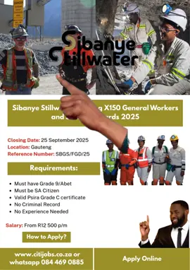 Apply Sibanye Stillwater 2025 Vacancies. General Workers and Security Guards wanted. #jobs #vacancies #vacancies2025 #sama28 #fyp #learnerships #internships #sibanye #sibanyestillwater 