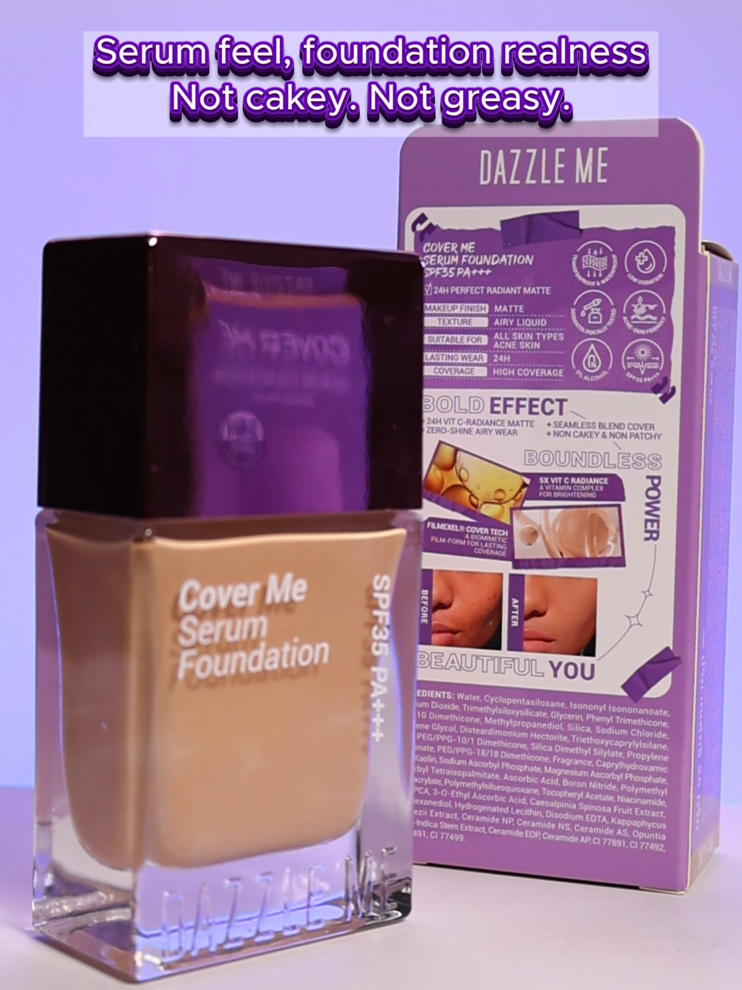 New holy grail foundation just dropped 👀👇 ✨ DAZZLE ME Cover Me Serum Foundation SPF35 PA+++ 💧 Serum feel, foundation realness ☀️ SPF35 = glow + protection 📦 Lightweight, breathable, and FULL coverage Not cakey. Not greasy. Just that girl energy 💅 #dazzlemeph #dazzleme #dazzlemebeauty #xzyabc #xzycba #tiktok #longlasting #MakeupRoutine #new #budolfinds #acneproneskin #serum #flawless #skintint #foundation