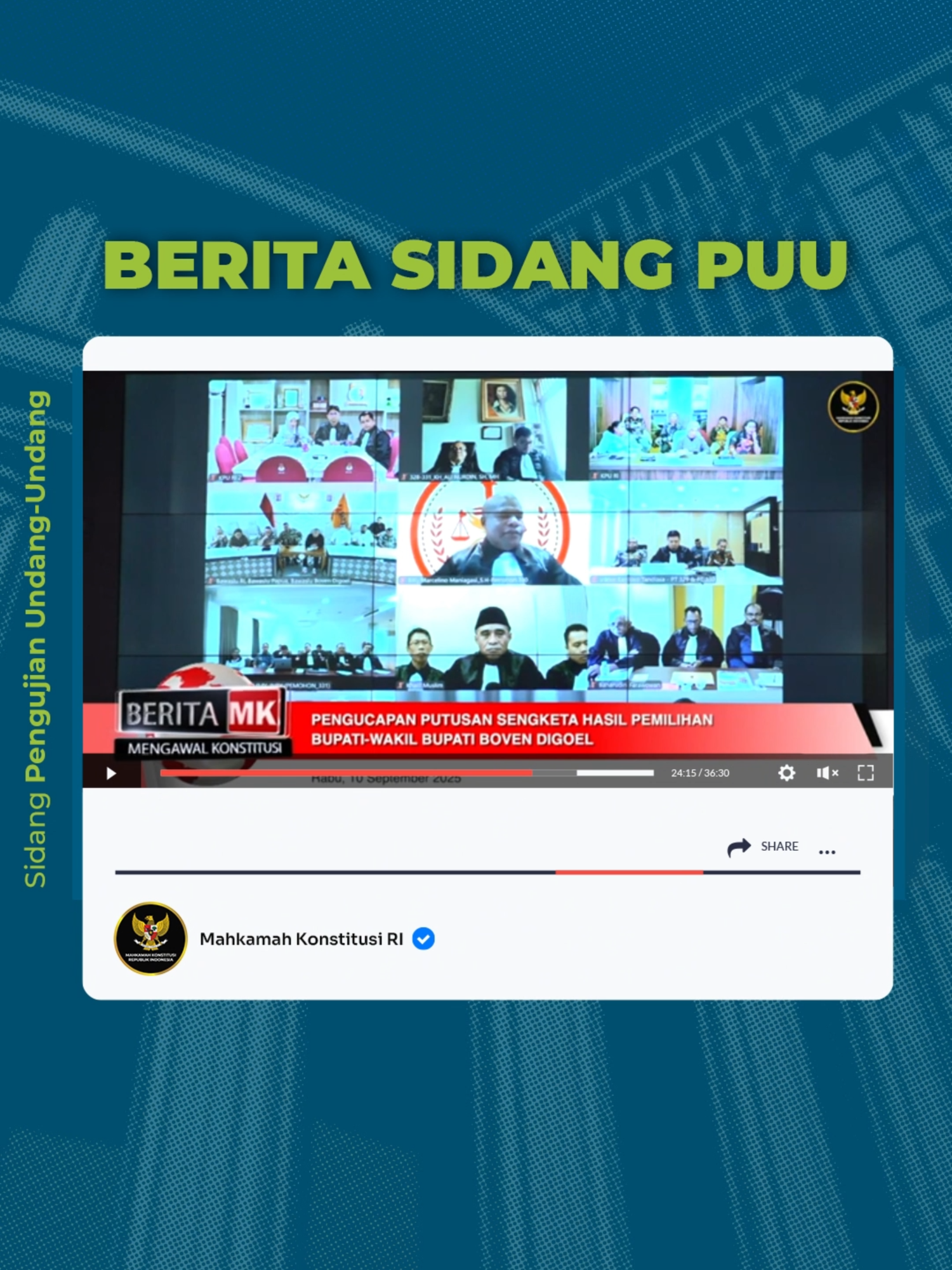 MK memutuskan permohonan Pasangan Calon (Paslon) Bupati dan Wakil Bupati Boven Digoel Nomor Urut 1 Athanasius Koknak-Basri Muhammadiah (Athan-Basri) tidak dapat diterima. Menurut Mahkamah, dalil mengenai ijazah calon wakil bupati dalam sengketa Pilbup Boven Digoel tidak beralasan menurut hukum. Hal ini karena terdapat fakta bahwa calon tersebut telah mendaftar menggunakan ijazah SLTA/sederajat yang sudah diverifikasi oleh sekolah yang bersangkutan. Keterangan ini disampaikan oleh Wakil Ketua MK Saldi Isra dalam sidang pengucapan putusan, Rabu (10/9). Simak pertimbangan hukum Mahkamah selengkapnya dalam Putusan Nomor 329/PHPU.BUP-XXIII/2025 di kanal YouTube Mahkamah Konstitusi RI ya #Courtizen! #MengawalKonstitusi #salaMKonstitusi #MKRI