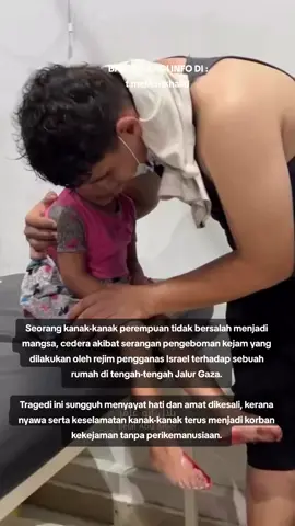 Seorang kanak-kanak perempuan tidak bersalah menjadi mangsa, cedera akibat serangan pengeboman kejam yang dilakukan oleh rejim pengganas Israel terhadap sebuah rumah di tengah-tengah Jalur Gaza. Tragedi ini sungguh menyayat hati dan amat dikesali, kerana nyawa serta keselamatan kanak-kanak terus menjadi korban kekejaman tanpa perikemanusiaan. BANYAK LAGI INFO DI : t.me/Asrikhalid 