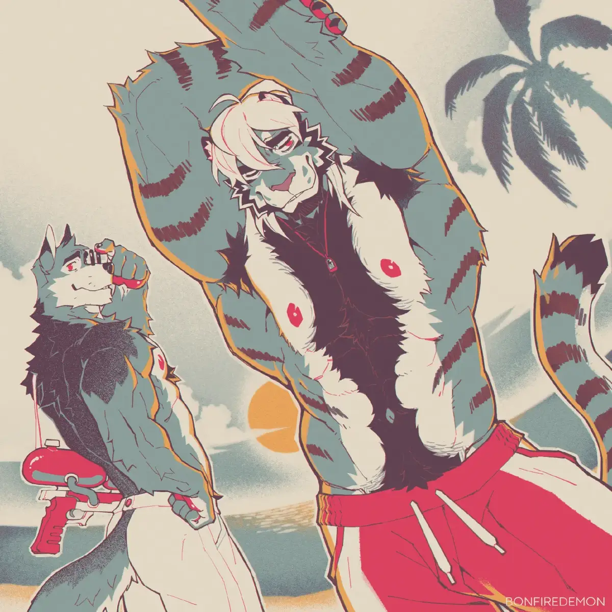 One’s flexing, the other’s locked and loaded with a water gun… either way, you’re not making it off this beach dry. 💦😎 #FurryArt #BeachVibes #SummerMode #Beastly #MuscleFurs #AnthroArt #OceanEnergy #FurryFandom #SunAndFun #DripAndRip