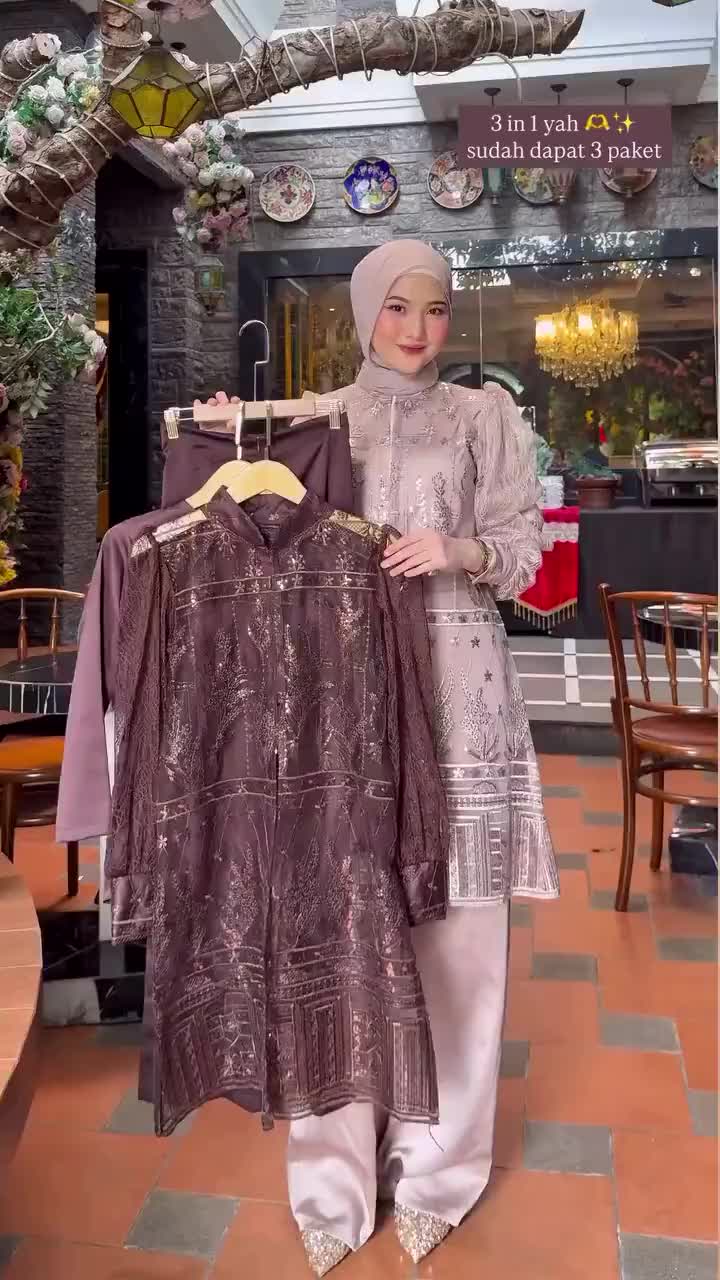 AS19 / ONE SET 3IN1 OUTER BRUKAT SETELAN TUNIK BROKAT SET KONDANGAN WANITA BAJU PESTA MEWAH ELEGAN 