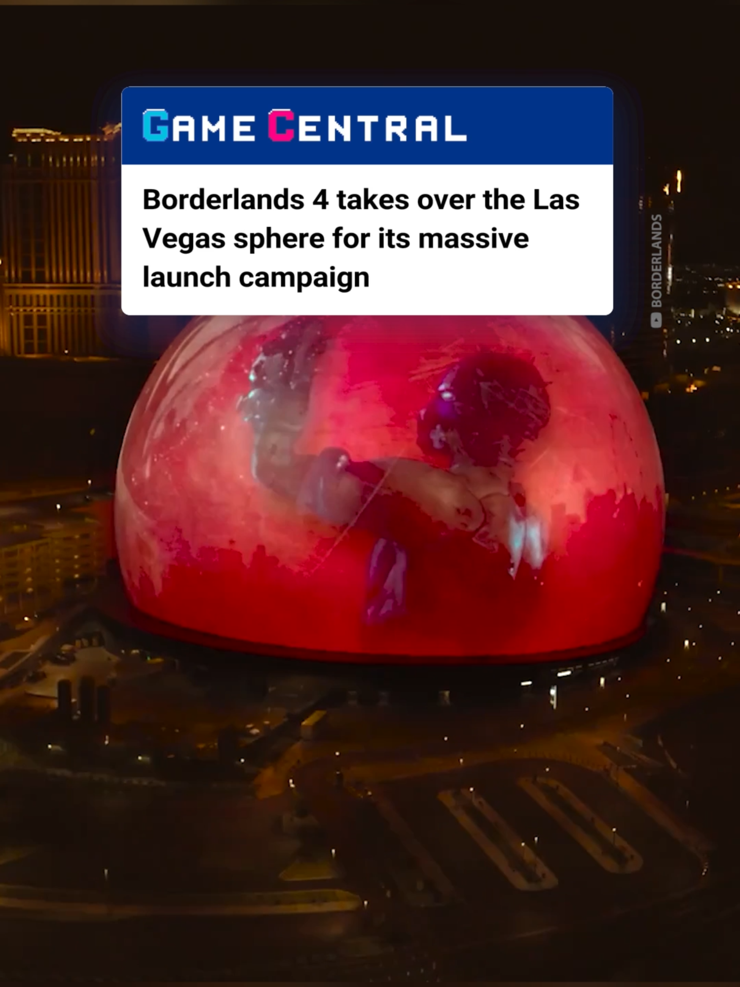 borderlands 4 officially releases worldwide tomorrow, september 12th, and it is getting quite the marketing campaign to accompany it, featuring a full display on the outside of the las vegas sphere - it will also be 'taking over' waterloo station in london tomorrow so make sure you stay tuned for that #borderlands #borderlands4 #lasvegassphere #lasvegas #gaming