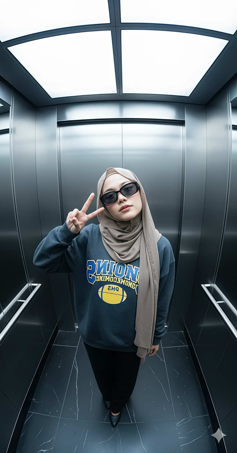 Prompt Gemini AI didalam Lift    Foto bergaya cinematic di dalam lift, diambil dengan kamera ultra wide lens dari atas , Aku berdiri di tengah lift dengan ekspresi cool, outfit kasual modern dan memakai kacamata hitam menatap kamera ultra wide di atas, Interior lift terlihat luas karena distorsi lensa ultra wide, dengan pantulan kaca di sisi kanan dan kiri. Cahaya lampu putih menciptakan suasana elegan dan dramatis dan ada flash kamera instan          Selamat mencoba😎 #prompt #geminiai#TutorGemini #foryou #masukberanda 
