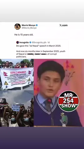 Breaking News: Meet the 16years old Gen Z Secondary School Head boy that is one of the leaders of the Revolution against all the old Corrupt Old Politicians in Nepal, 14Million Genz Came out in Mass to Protest after their Government banned Social media because they were been exposed for Corruption, their prime minister has ran away from the country!!! 🚴🏿‍♀️#nepal 