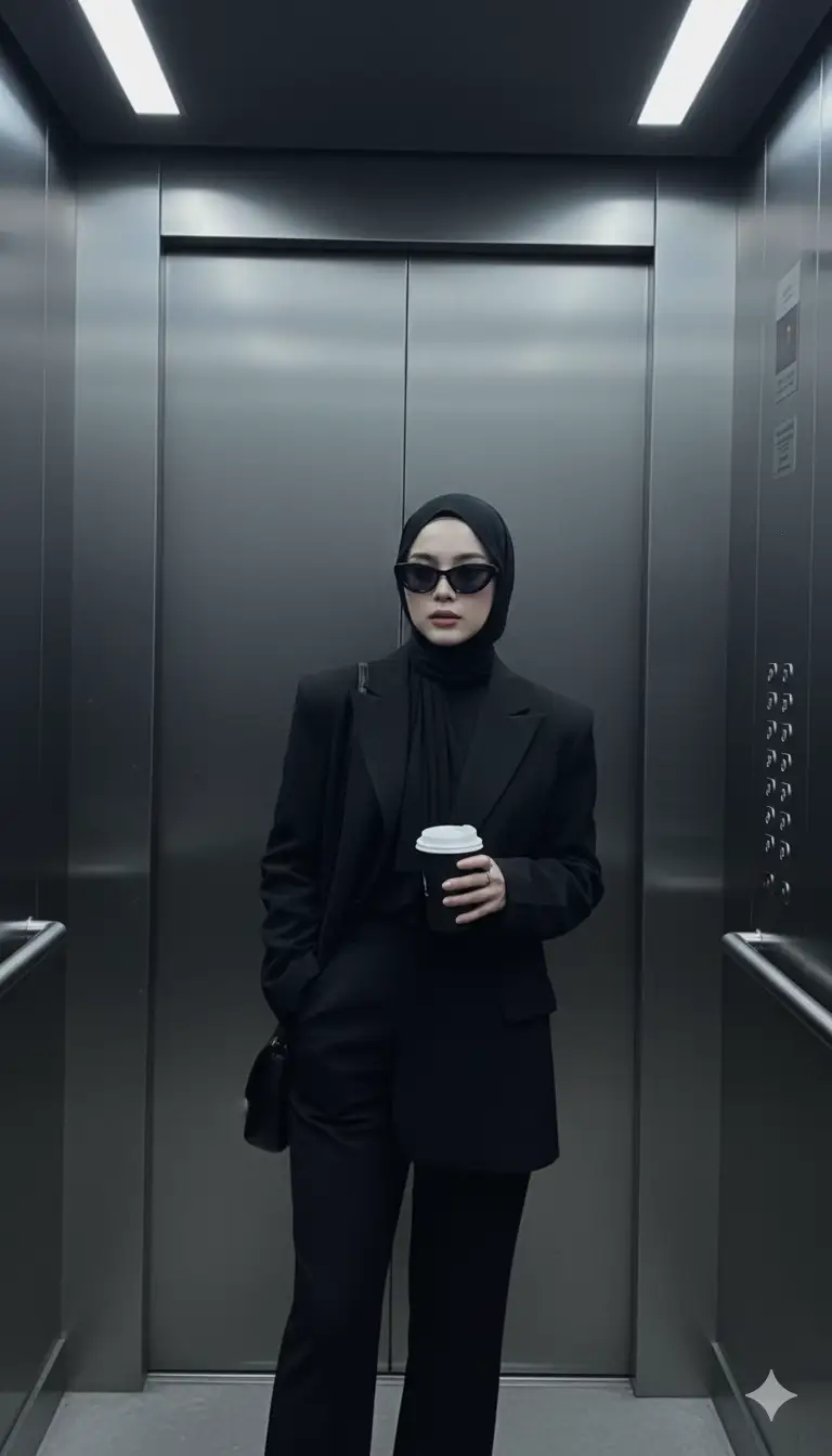 Prompt: edit foto itu menjadi berdiri santai di dalam lift bergaya modern dengan dinding logam reflektif. ia mengenakan outfit serba hitam: blazer oversize, dan celana panjang. berhijab, memakai kacamata hitam, dan memegang secangkir take-away. gaya elegan dan edgy degan nuansa misterius. pencahayaan redup dari lampu neon di langit-langit menciptakan bayangan halus