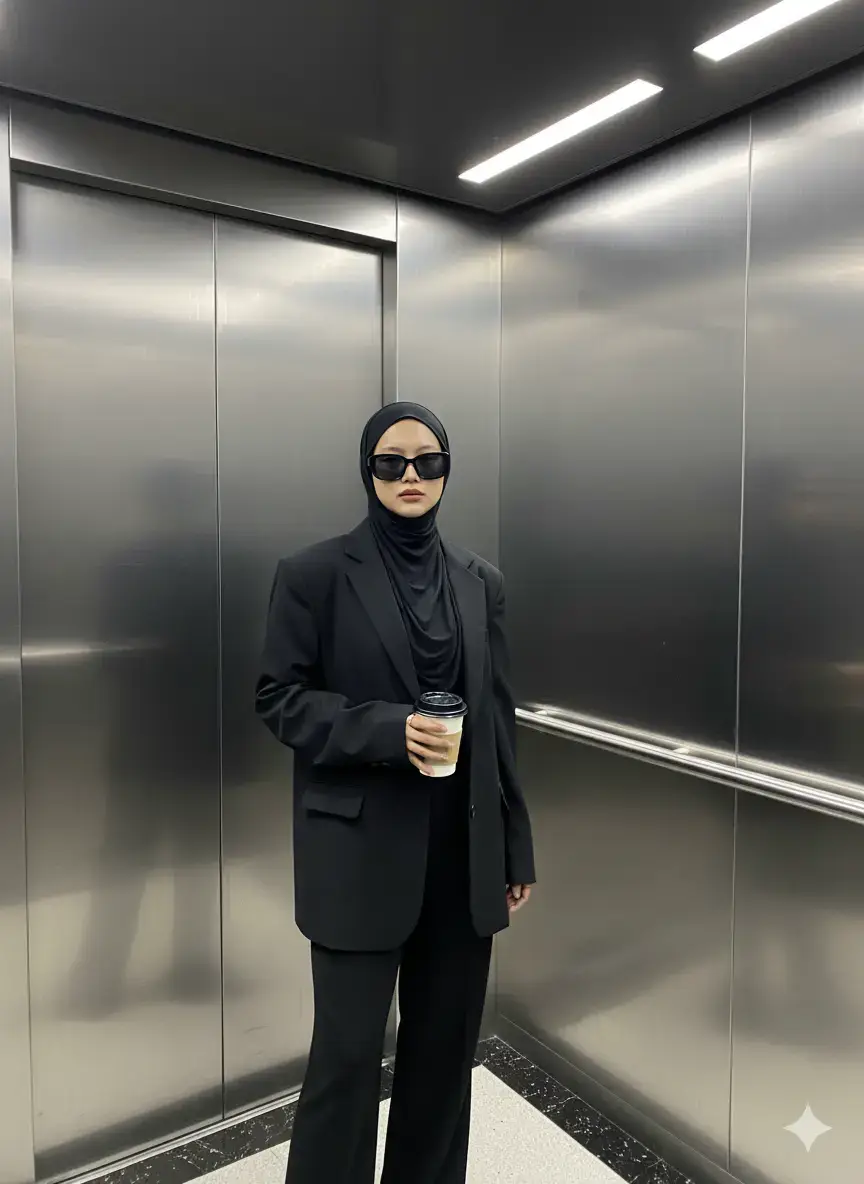 Prompt : edit foto itu menjadi berdiri santai di dalam lift bergaya modern dengan dinding logam reflektif. ia mengenakan outfit serba hitam: blazer oversize, dan celana panjang. berhijab, memakai kacamata hitam, dan memegang secangkir take-away. gaya elegan dan edgy degan nuansa misterius. pencahayaan redup dari lampu neon di langit-langit menciptakan bayangan halus. #AI #GEMINI #f#f  #fyp 