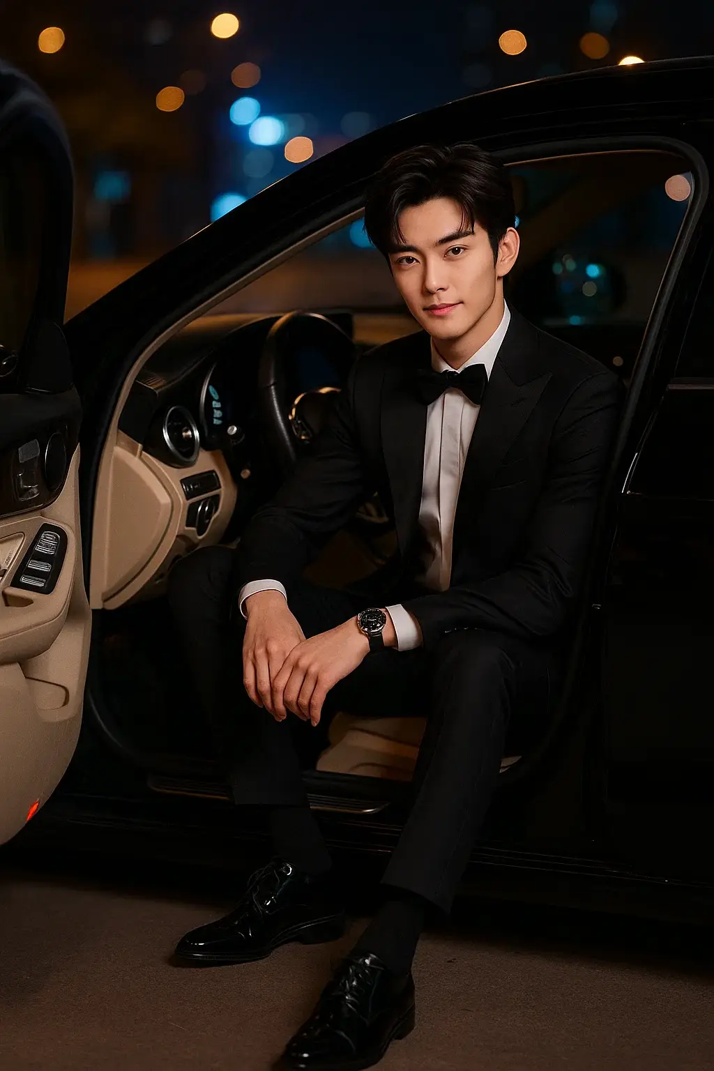 1. Open chatgpt📲 2. Upload photo:📸 3. Paste reminder:👇 A young man with the exact same face, hairstyle, and facial features as in the uploaded photo, sitting confidently in the driver’s seat of a luxurious black car at night. The car door is open, showing the elegant beige leather interior. He is wearing a sharp, tailored black tuxedo with a bow tie, paired with polished black dress shoes and a stylish wristwatch. His pose is relaxed yet powerful, with one hand resting on the steering wheel and the other on his knee. The background shows an urban night setting with blurred city lights, creating a cinematic, high-fashion atmosphere. Lighting is dramatic, highlighting his face and suit with strong contrast for a sleek, sophisticated look.#aisieu #aiart #chatgpt #photo #prompt #fyp 
