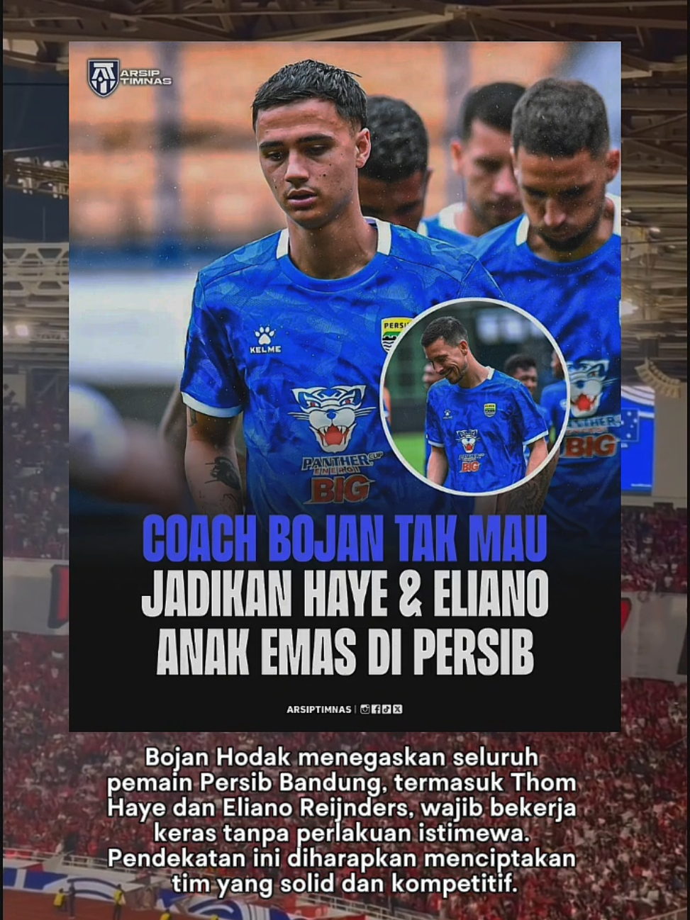Bojan Hodak Tegaskan Tidak Ada Pemain Istimewa di Persib Bandung Pelatih Persib Bandung, Bojan Hodak, menegaskan bahwa tidak ada pemain yang mendapat perlakuan istimewa di timnya. Ia menilai setiap pemain wajib bekerja keras demi kepentingan tim agar berdampak positif bagi performa Persib. Dua pemain Timnas Indonesia, Thom Haye dan Eliano Reijnders, telah mulai mengikuti latihan bersama Persib Bandung pada Rabu (10/9) di lapangan pendamping Stadion Gelora Bandung Lautan Api (GBLA). Meski keduanya berstatus pemain nasional, Hodak memastikan tidak akan menganakemaskan mereka. “Saya tidak merasa mereka adalah pemain bintang. Ketika mereka sudah berada di dalam tim, mereka semua harus bekerja keras untuk tim. Jadi saya rasa ini justru akan bagus,” tegas Hodak dikutip dari laman resmi Persib Bandung. Dengan pernyataan ini, Hodak ingin menciptakan suasana kompetitif yang sehat di dalam skuad Persib agar semua pemain memiliki motivasi dan disiplin yang sama. #promoseruweekend #TimnasIndonesia #timnasindonesia🇮🇩 #timnasday #fyppppppppppppppppppppppp 