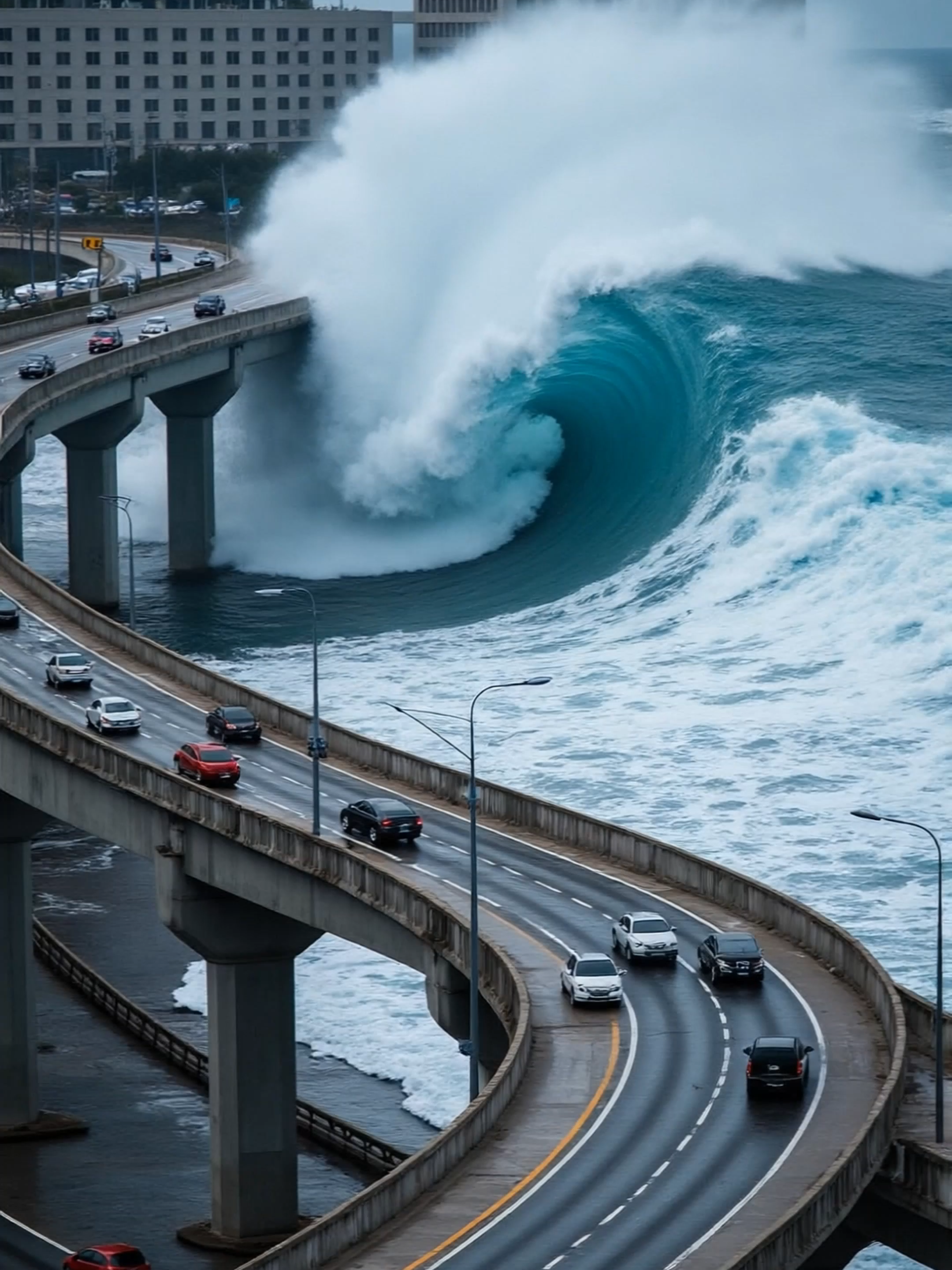 恐怖一幕！海啸冲击高架桥，车辆瞬间坠落！ Terrifying tsunami smashes highway bridge—cars plunge in seconds! #DisasterScene #Trending #Tsunami #Viral