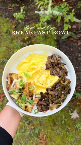 Breakfast Bowl : Scrambled Eggs, Homefries with Cheese and Green Onions, Shaved Steak, Sautéed Peppers, Onions, and Mushrooms #breakfastideas 