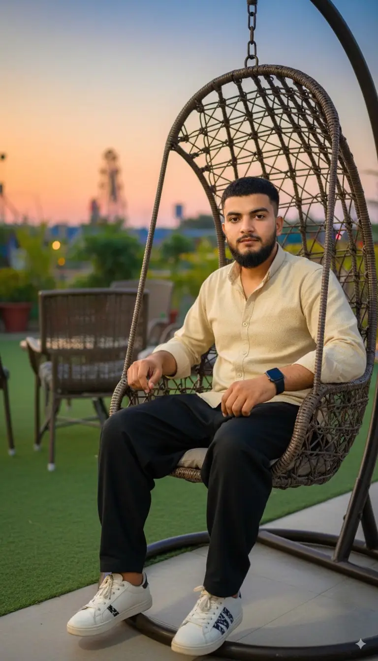A realistic ultra-clear close-up shot 120mm zoom lens portrait of a stylish young man sitting, right hand touching modern brown hanging swing chair. He has hair , face,eye mouths ( same upload image generate)and looking  the camera conference . He is dressed in a light beige textured button-up shirt with sleeves rolled up, black baggy pants, and white and black color sneakers. A smartwatch. The background features outdoor chairs, greenery, and a colorful amusement park-like at sunsets time#chatgpt #prompt #100kviews #edit #fyppppppppppppppppppppppp 