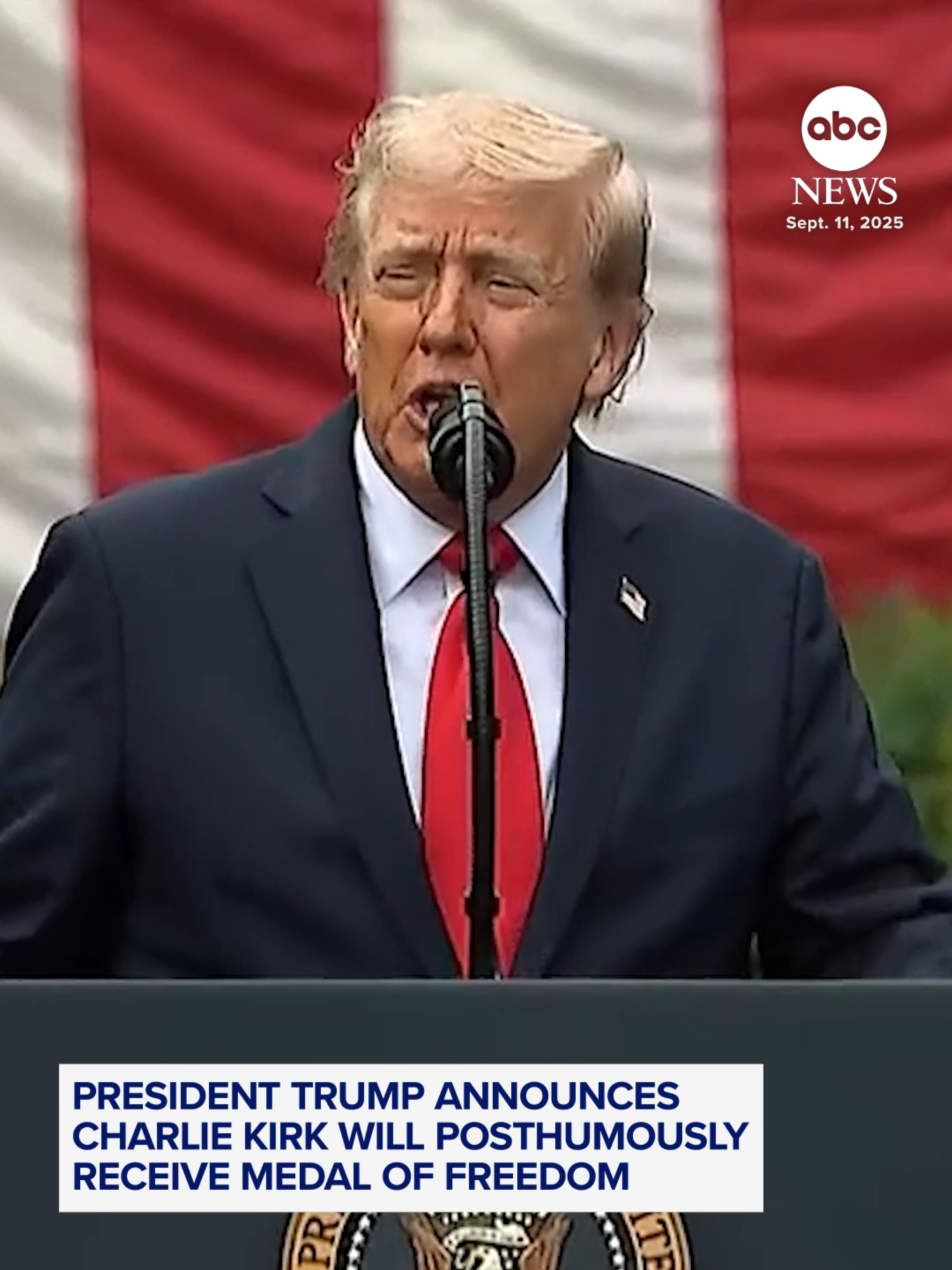 President Trump, at a memorial event at the Pentagon on the anniversary of the 9/11 terror attacks, announced that he will posthumously award Charlie Kirk the Presidential Medal of Freedom. Kirk — a 31-year-old father of two — was considered a confidant of Trump and highly influential in the conservative youth movement. He founded the conservative advocacy group Turning Point USA in 2012 at the age of 18, and in the 2024 elections was credited with building significant support for Trump among young voters. #charliekirk #trump #politics #news #abcnews
