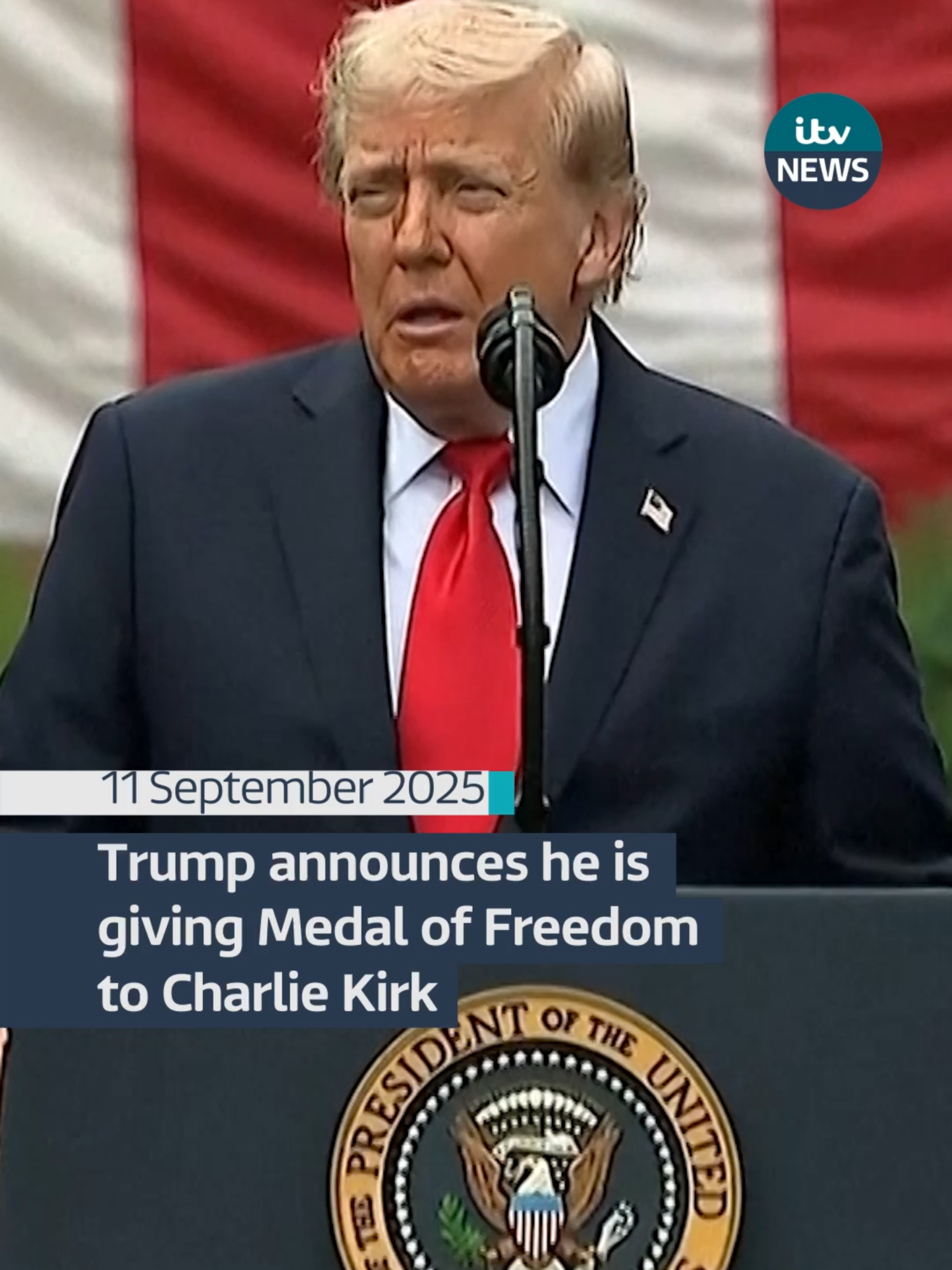President Donald Trump announced he'll posthumously award Charlie Kirk the Medal of Freedom, while at a 9/11 memorial service. #itvnews #usa