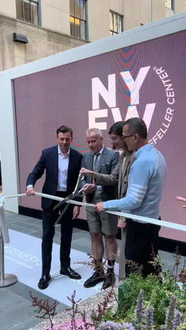 It’s official! Your seat to watch all of #NYFW this week is ready for you. CFDA Chairman #ThomBrowne and CEO Steven Kolb, Eb Kelly from @Rockefeller Center, and Tony Bates from our presenting partner Genesys just cut the ribbon at the Channel Gardens’ screen for CFDA’s NYFW Live at Rockefeller Center. Invite your friends, bring your family and come watch all the shows for free through September 16.