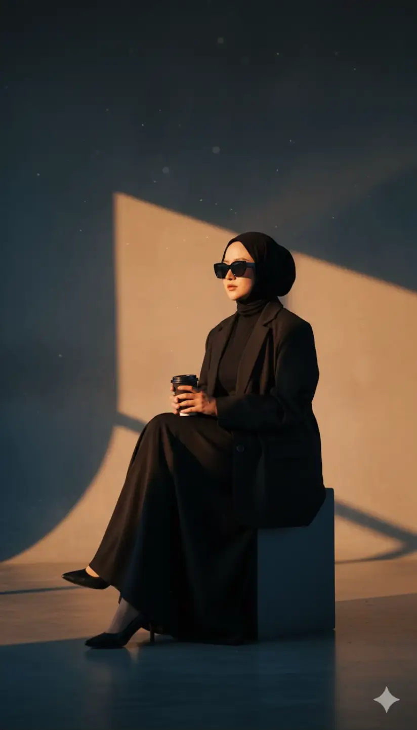 Prompt : Edit foto ini menjadi duduk santai di studio foto dengan pantulan cahaya senja. ia mengenakan outfit serba hitam: blazer oversize, dan rok hitam, memakai kacamata hitam. Anggle dari samping, memegang secangkir take away. Gaya elegan dengan dan edgy dengan nuansa misterius. #fyp #gemini #ai 