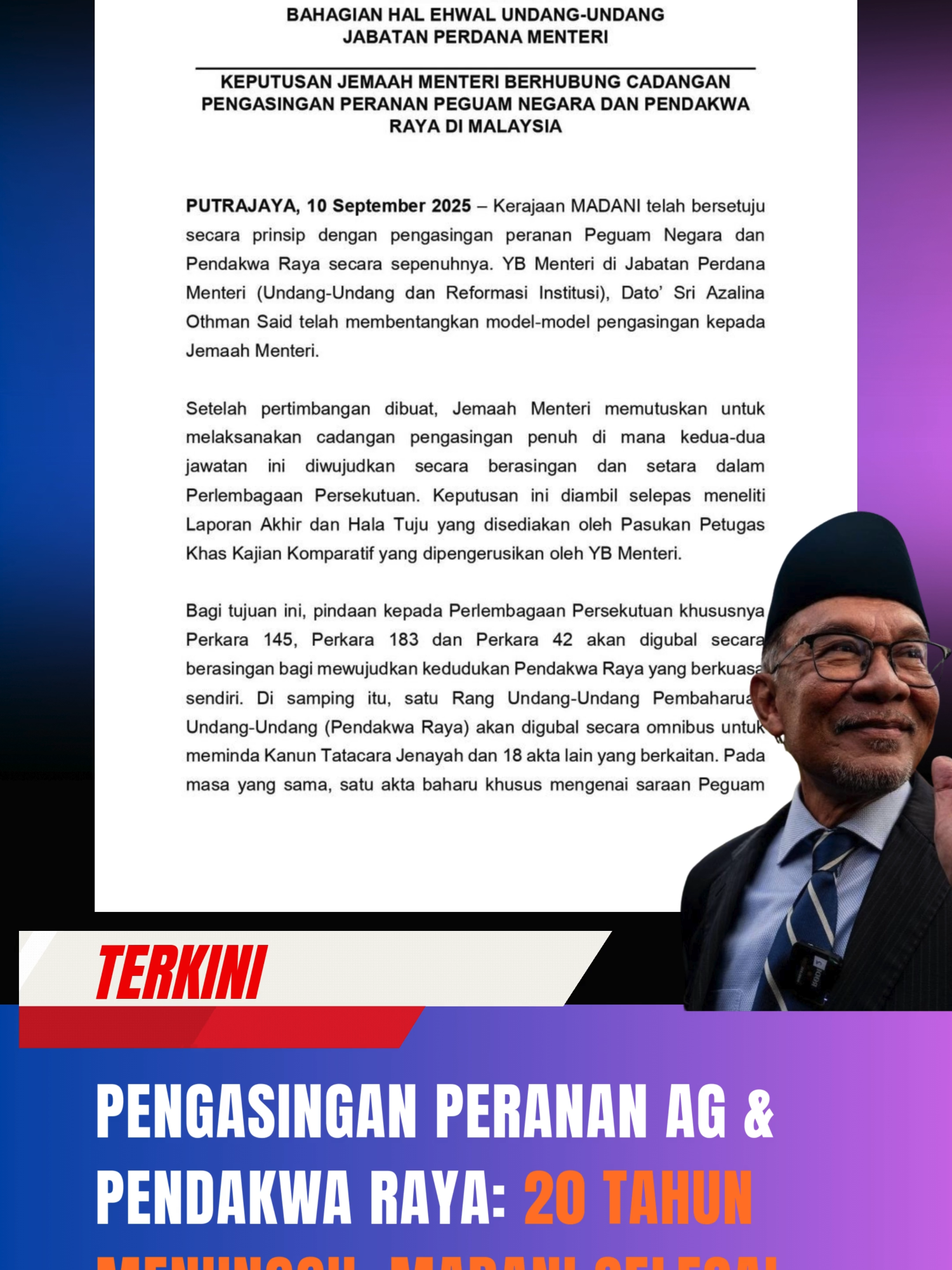 PART 148 | Jemaah Menteri telah meluluskan kerangka pemisahan kuasa antara Peguam Negara dan Pendakwa Raya — satu reformasi yang telah dituntut sejak hampir 20 tahun lalu. #madanibekerja #trending #viralvideo #reform #walaun