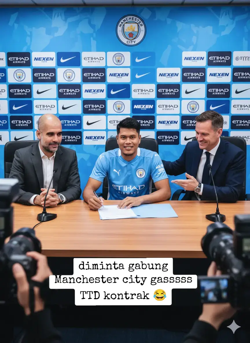 #fyp #fifa #trend #Ai #bola prompt : Saya sedang duduk di meja dengan seragam Manchester City FC, tersenyum sambil menandatangani kontrak untuk menjadi pemain profesional. Di samping saya ada agen saya dan Pep guardiola. Latar belakang ruang konferensi pers Manchester City FC dengan logo klub dan sponsor. Ada kamera media yang mengabadikan momen ini. Ekspresi saya penuh percaya diri dan kebanggaan.