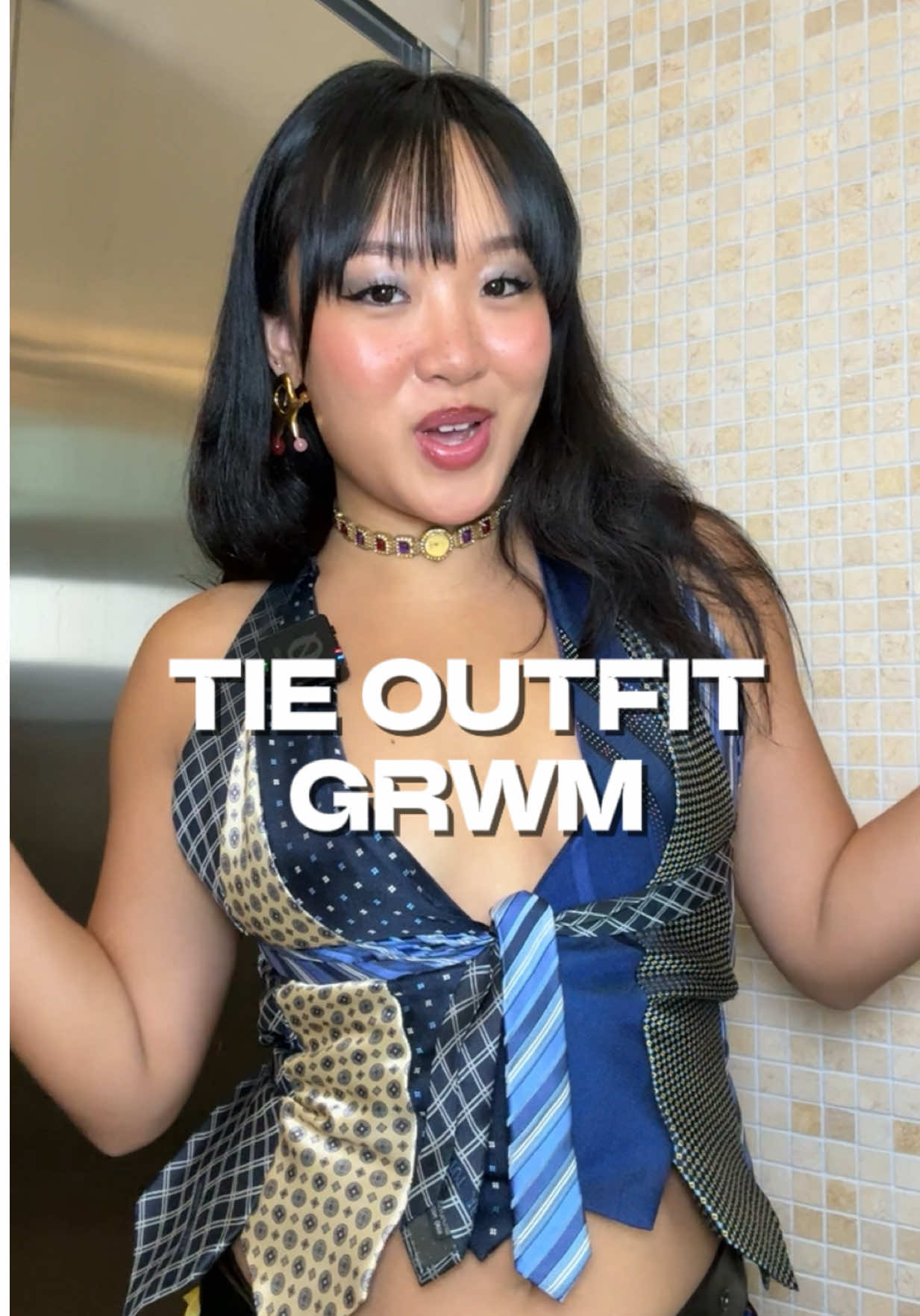 The tie outfit is making it’s NYFW debut!!! Products used: @milkmakeup @Huda Beauty @Saie @NYX Professional Makeup @ILIA Beauty @NARS Cosmetics @Glossier @Rare Beauty @Charlotte Tilbury #reworkedclothes #kalitaku  #diyclothes #MakeupRoutine #grwm 