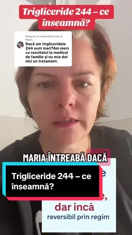 Ca răspuns pentru @Maria Trigliceridele normale sunt sub 150. Între 150 și 199 e risc crescut, iar peste 200, cum este 244, e deja risc mare pentru inimă și pancreas. La aceste valori, de obicei medicii recomandă mai întâi regim și schimbări în stilul de viață, nu direct medicamente. Mișcarea zilnică, reducerea dulciurilor și suplimentele cu Omega 3, berberină și armurariu pot ajuta să scazi trigliceridele și să îți protejezi ficatul. Hashtaguri virale: #DrMihaelaN #trigliceride #colesterol #ficatgras #sanatate 