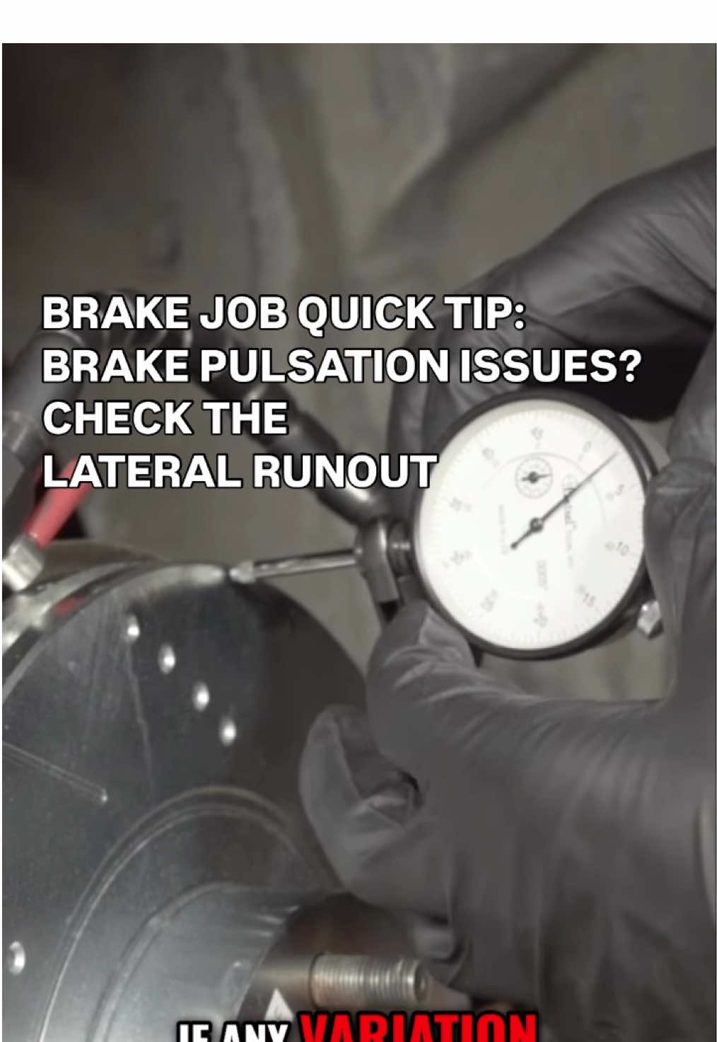 When installing new brake rotors, we recommend checking the lateral runout. This will tell you if any variation exists between the rotor and the mounting surface.    Lateral Runout (LRO) refers to situations where a rotor’s thickness stays the same, but the rotor plates are wobbly or move from side to side. As lateral runout becomes excessive, it causes pad and rotor wear. Lateral runout typically feels like a dynamic imbalance problem in either the brake pedal or the steering wheel.    Depending on the application, the maximum acceptable lateral runout can range from 3 to 5000ths of an inch.    Simple tips like this can help to streamline your brake installation and avoid any accidental damage to components. To get more brake installation tips like this, tap the 🔗 on our profile and check out the “Support & Installs” section of our site!    * * * * *  #PowerStop #BrakeUpgrade #BrakeRotors #LateralRunout #brakejob 