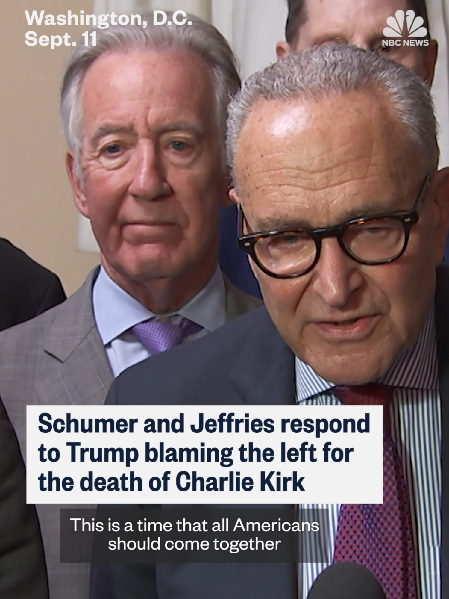 Sen. Chuck #Schumer and Rep. Hakeem #Jeffries were asked by reporters for their response to President Donald #Trump blaming the left after the killing of conservative activist Charlie Kirk. Schumer said the president should not be 