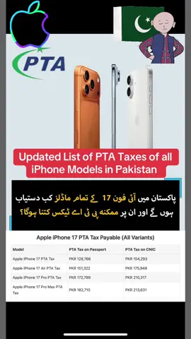 Updated List of PTA Taxes of all iPhone Models in Pakistan  پاکستان میں آئی فون 17 کے ماڈلز کی دستیابی کب اور پی ٹی اے ٹیکس کتنا؟    امریکی ٹیکنالوجی کمپنی ایپل نے گزشتہ روز نئے آئی فون 17  کے ماڈلز متعارف کروا دیے ہیں۔ ایپل کے مطابق بیس ماڈل آئی فون 17 کی قیمت 799 ڈالر، آئی فون 17 پرو کی قیمت 1099 ڈالر، آئی فون 17  پرو میکس کی قیمت 1199 ڈالر جبکہ آئی فون ایئر کی قیمت 999۔ ڈالر رکھی گئی ہے۔ تمام آئی فونز کے پری آرڈرز دنیا بھر میں 12 ستمبر سے شروع ہو رہے اور ان کی دستیابی 19  ستمبر سے ممکن ہوگی۔ پاکستان میں آئی فون کا ذکر کیا جائے تو نئے آئی فون کی آمد کئی مباحثے، پی ٹی اے ٹیکسز اور مختلف قیاس آرائیاں اپنے ساتھ لاتی ہے۔ نئے آئی فون ماڈلز اکتوبر کے پہلے ہفتے سے پاکستان میں دستیاب ہو جاتے ہیں۔ مرسینٹائل اور جی نیکسٹ جیسے ڈسٹریبیوٹرز ایپل پراڈکٹس کی ترسیل کرتے ہیں اور ان کے آئی فونز پی ٹی اے اسے تصدیق شدہ ہوتے ہیں۔ نون پی ٹی اے آئی فونز ڈیلرز مارکیٹ میں جلدی لے آتے ہیں مگر ’پہلے آئیں پہلے پائیں‘ جیسی ڈیلز کے باعث ان کی قیمتیں آسمان چھونے لگتی ہیں اور اس کے بعد بھاری پی ٹی اے ٹیکسز بھی ادا کرنا پڑتے ہیں۔ مثال کے طور پر اگر آپ نون پی ٹی اے آئی فون لے کر اس کو پی ٹی اے اپروو کروانا چاہیں گے تو اس کی قیمت بہت زیادہ ادا کرنا ہوگی۔ سرٹیفائڈ کمپنیاں جو پاکستان میں پی ٹی اے اپرووڈ آئی فونز بیچتی ہیں وہ پی ٹی اے سے بڑی تعداد میں آئی فونز اپروو کرواتی ہیں اور ان کو بچت بھی ہوتی ہے۔ دوسری جانب آئی فونز کے پی ٹی اے ٹیکسز بتانے والی ایک پاکستانی ویب سائٹ ’فون ورلڈ‘ نے مبینہ طور پر آئی فون 17 ماڈلز کے پی ٹی اے ٹیکسز شیئر کیے ہیں۔ ’فون ورلڈ‘ کے مطابق نئے آئی فونز پر پی ٹی اے ٹیکسز کچھ اس طرح ہوں گے۔ واضح رہے ان قیمتوں میں وقت کے سات ردوبدل اور کمی ممکن ہے۔ حقیقت میں اس وقت تک اندازہ نہیں لگایا جا سکتا جب تک کوئی صارف خود پی ٹی اے کی ویب سائٹ سے ٹیکس کی معلومات حاصل کرے۔ واضح رہے اس بار بھی ایپل نے اپنے آئی فونز کی قیمتوں میں کوئی اضافہ نہیں کیا۔ اس حساب سے اگر پی ٹی اے سے تصدیق شدہ مرسینٹائل یا جی نیکسٹ کے آئی فونز کا ذکر کریں تو آغاز میں تو سٹاک محدود ہونے کے باعث 17 پرو میکس کی قیمت 5 لاکھ سے تجاوز کر سکتی ہے۔  لیکن کچھ دن گزرنے کے بعد قوی امکان ہے کہ نئے آئی فون 17 پرو میکس کی قیمت چار لاکھ 50 ہزار سے پانچ لاکھ کے درمیان ہوگی