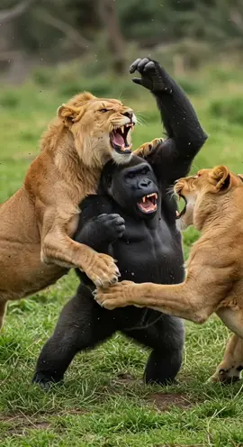 Gorilla vs Two Lions: Who Will Fall First? -- -- -- #gorillavslion #wildclash #epicbattle #animalfight #viralvideo
