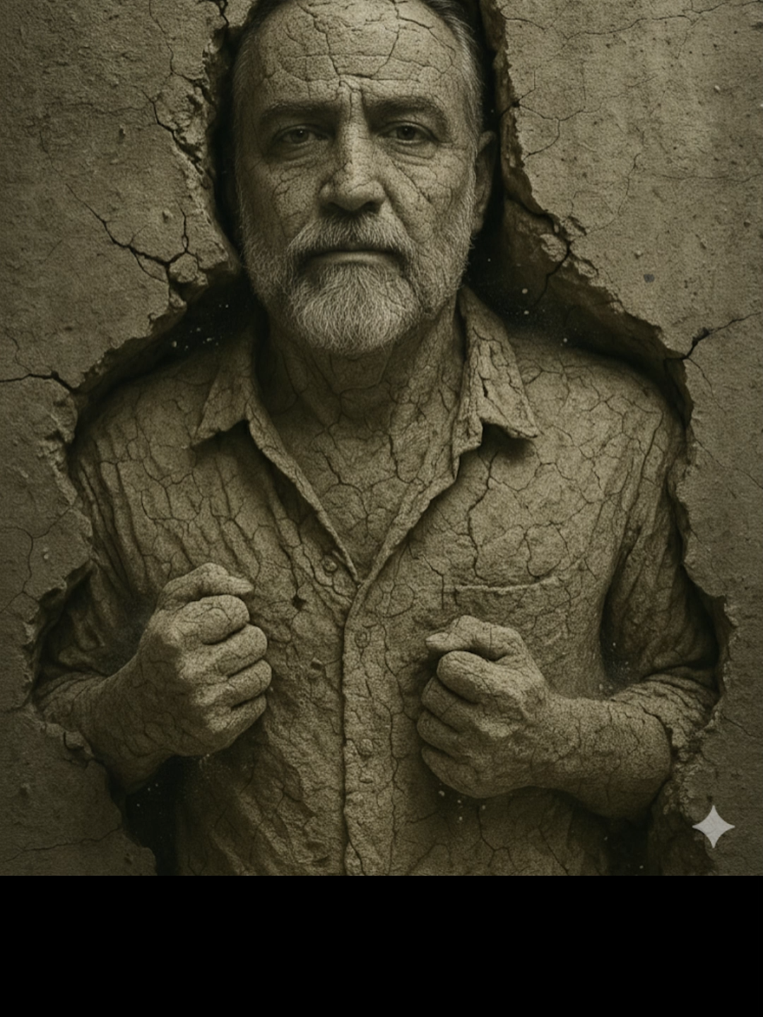 Fotografía de estudio profesional, hiperrealista, de un hombre emergiendo de una pared de hormigón agrietada. El hombre (el de la fotografía) no tiene piel ni ropa normales: su rostro, sus manos y su camisa de lino están totalmente esculpidos en la misma textura rugosa y agrietada del hormigón, como si fuera parte de la pared misma. Su expresión es de desesperación y lucha, con grietas que recorren su cara y su cuerpo. Sus manos, de aspecto pétreo y polvoriento, se aferran con fuerza a los bordes de la grieta, dejando caer fragmentos y polvo. La pared está llena de fisuras profundas, escombros y polvo suspendido en el aire. Iluminación de estudio dramática: una luz dura lateral resalta la textura de las grietas en el hormigón, mientras una luz de relleno suave muestra los detalles de las manos y contorno. Un contraluz superior separa ligeramente la figura del fondo. Paleta monocromática en tonos grises y blancos, con toques de ocre y azul desaturado en el polvo y las grietas. Plano medio, formato 9:16, con profundidad de campo alta para que todo quede nítido. Calidad 8k, fotorrealismo extremo, sin aspecto de pintura digital ni CGI. #prompt #roboneo #inteligenciaartificial #gemini #chatgpt #paratiiii #prompts #paratitiktok #foyyou #viral #veo3 #nanobanana #sadman
