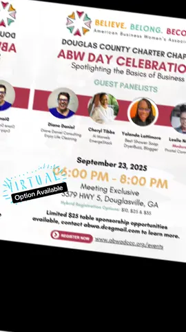 Elevate Your Network | Celebrate ABW Day with ABWA - Douglas County Charter Chapter  Virtual Option Available  We’re celebrating American Business Women’s Day with purpose, power, and a panel of phenomenal women! Join us for our September Professional Development Meeting featuring panelists who will share real-world strategies on leadership, resilience, and growth in business and beyond. Diane Daniel Diane Daniel Consulting Enjoy Life Cleaning Cheryl Tibbs Al Marvels EmergeStack Yalanda Lattimore  Best Shower Soapery DryerBuzz Blogger Brand Founder Leslie Nelson Moderator Pivotal Connections 📅 Date: Tuesday, September 23, 2025 📍 Location: Meeting Exclusive 3379 HWY 5, Douglasville, GA 🕘 Time: 6:00 PM - 8:00 PM 🎟️ Registration is NOW OPEN! Seating is limited — don’t wait! https://www.abwadccc.org/events-1/monthly-professional-development-meeting-2025-09-23-18-00 💼 Limited Table Sponsorships Available Perfect for businesses, brands, and entrepreneurs who want to gain visibility and connect with local women in business. 👉 RSVP today and help us honor the legacy of ABWA DCCC while forging new connections and insights for your journey ahead. #ABWDay #ABWADCCC #ProfessionalDevelopment #Networking #WomenInBusiness   