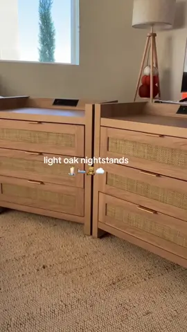 so in love with my new nightstands, what sold me was the outlet on top. Making it easier to connect my phone and my lamp. They are 26 1/2 inches tall, making it a perfect height for most beds. They also have a natural oak and black oak available. 🕯️🛏️🤎 #nightstand#bedsidetable#bedroomdecor#rattan#homefurniture 