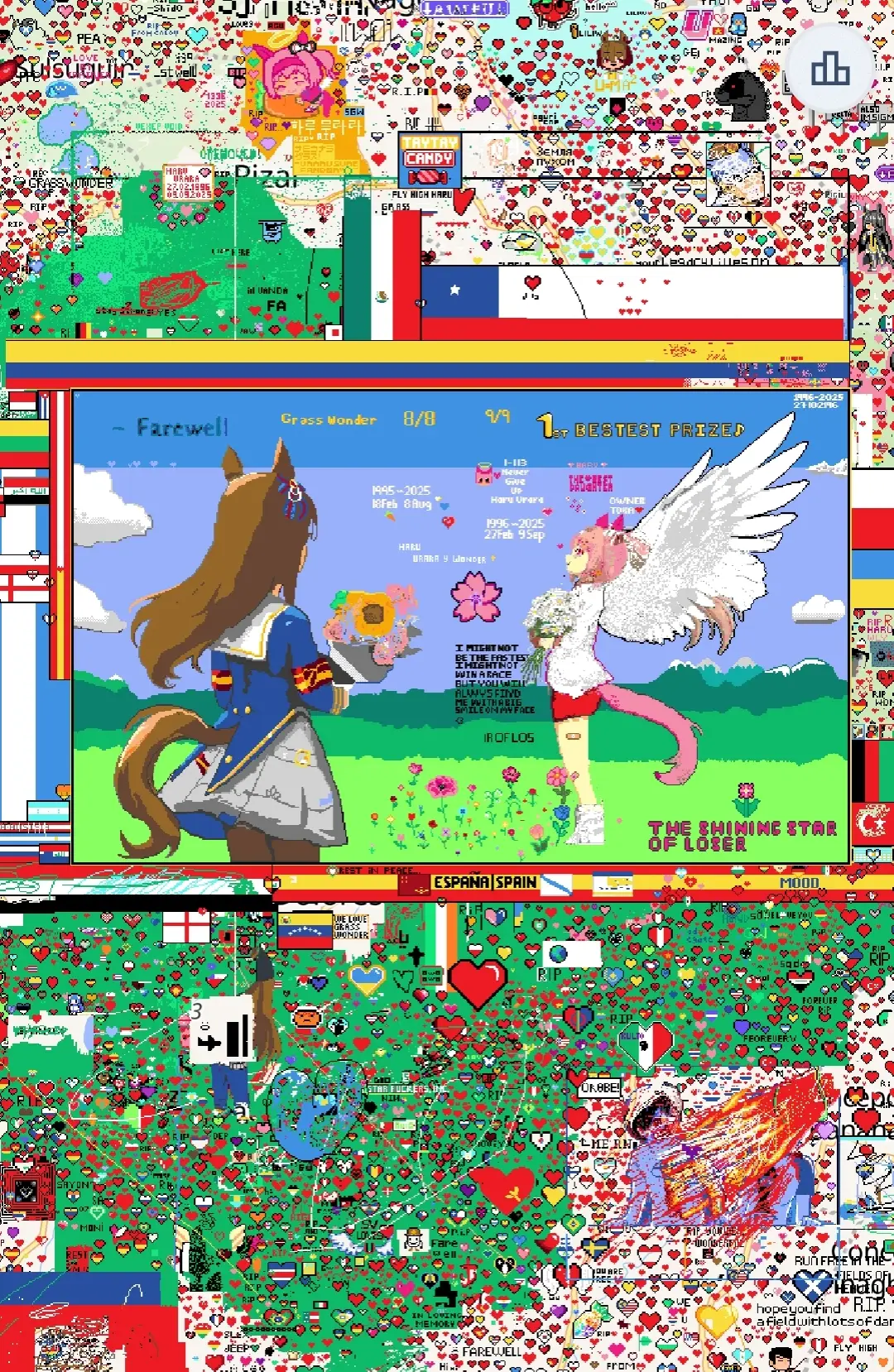 The Grass Wonder memorial pixel art has been extended to add Haru Urara as a way to make a memorial art for both of them. I am very happy about this because people actually spend time making this. #horseracing #haruurara #grasswonder #umamusumeprettyderby #horseracing 