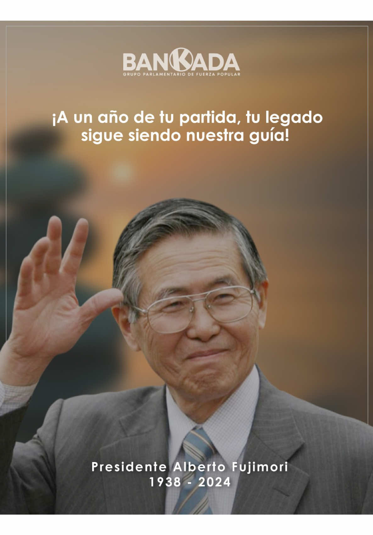 ​A un año de su partida, honramos la memoria del Presidente Alberto #Fujimori 🙏🏼 ​Recordamos al líder histórico que pacificó el país y sentó las bases de nuestra estabilidad económica. Su obra, servicio y legado vive en el corazón de cada peruano  🇵🇪🧡