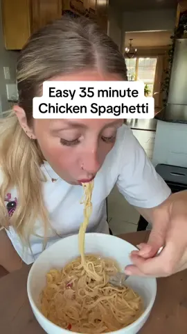 Let’s make some easy week night chicken spaghetti. 35 minute meal and a family favorite! #dinner #easyweeknightmeals 