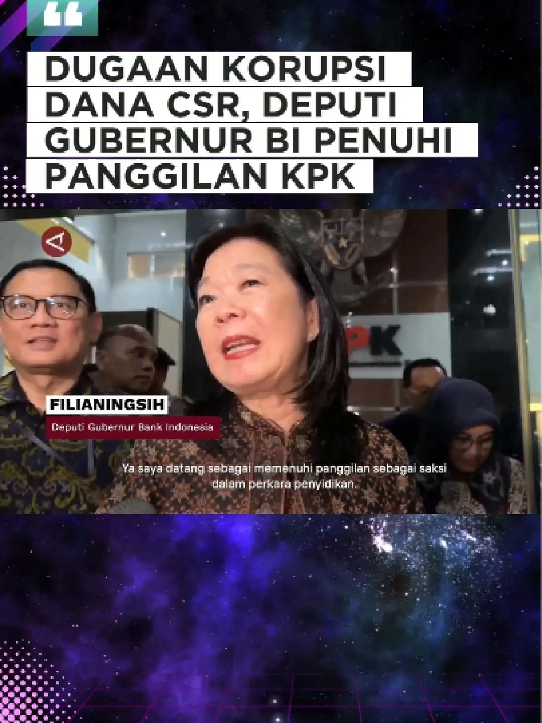 DUGAAN KORUPSI DANA CSR, DEPUTI GUBERNUR BI PENUHI PANGGILAN KPK #menyapanusantara . ANTARA - Deputi Gubernur Bank Indonesia Filianingsih Hendarta memenuhi panggilan KPK untuk menjadi saksi dugaan korupsi penyaluran dana CSR BI dan OJK, di Gedung Merah Putih KPK, Kamis (11/9). Filianingsih dijadikan saksi untuk mendalami penyaluran dana Program Sosial Bank Indonesia (PSBI) kepada anggota Komisi XI DPR RI periode 2019-2024. (Sanya Dinda Susanti/Rio Feisal/Soni Namura/Rinto A Navis)